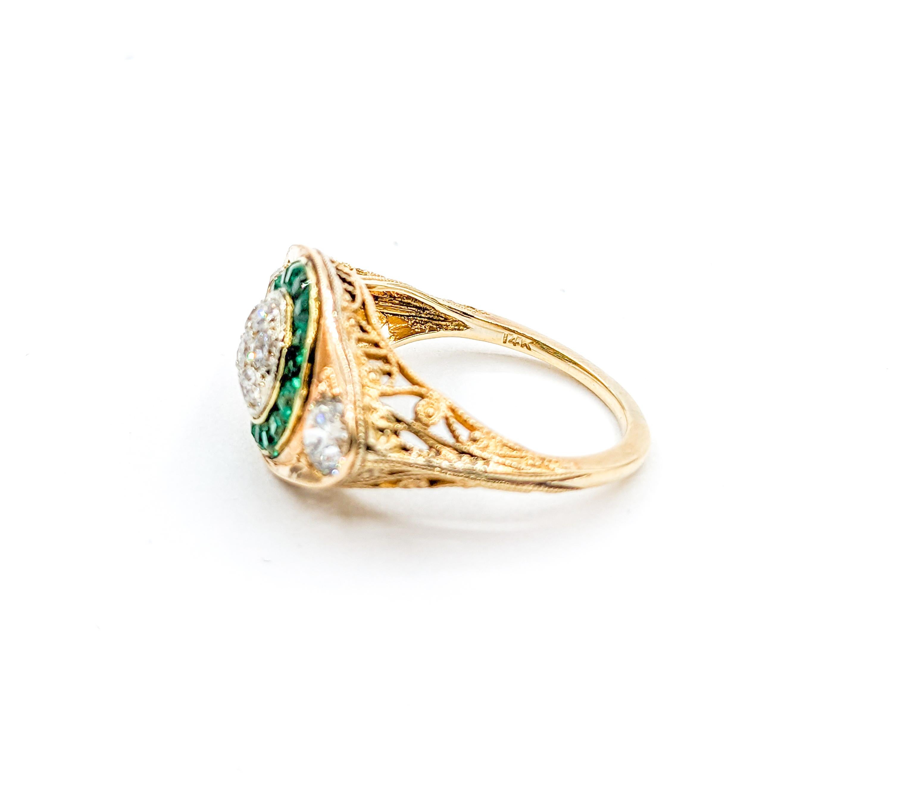 Antique Old European Diamond & Emeralds Target Ring in 14K Gold For Sale 4