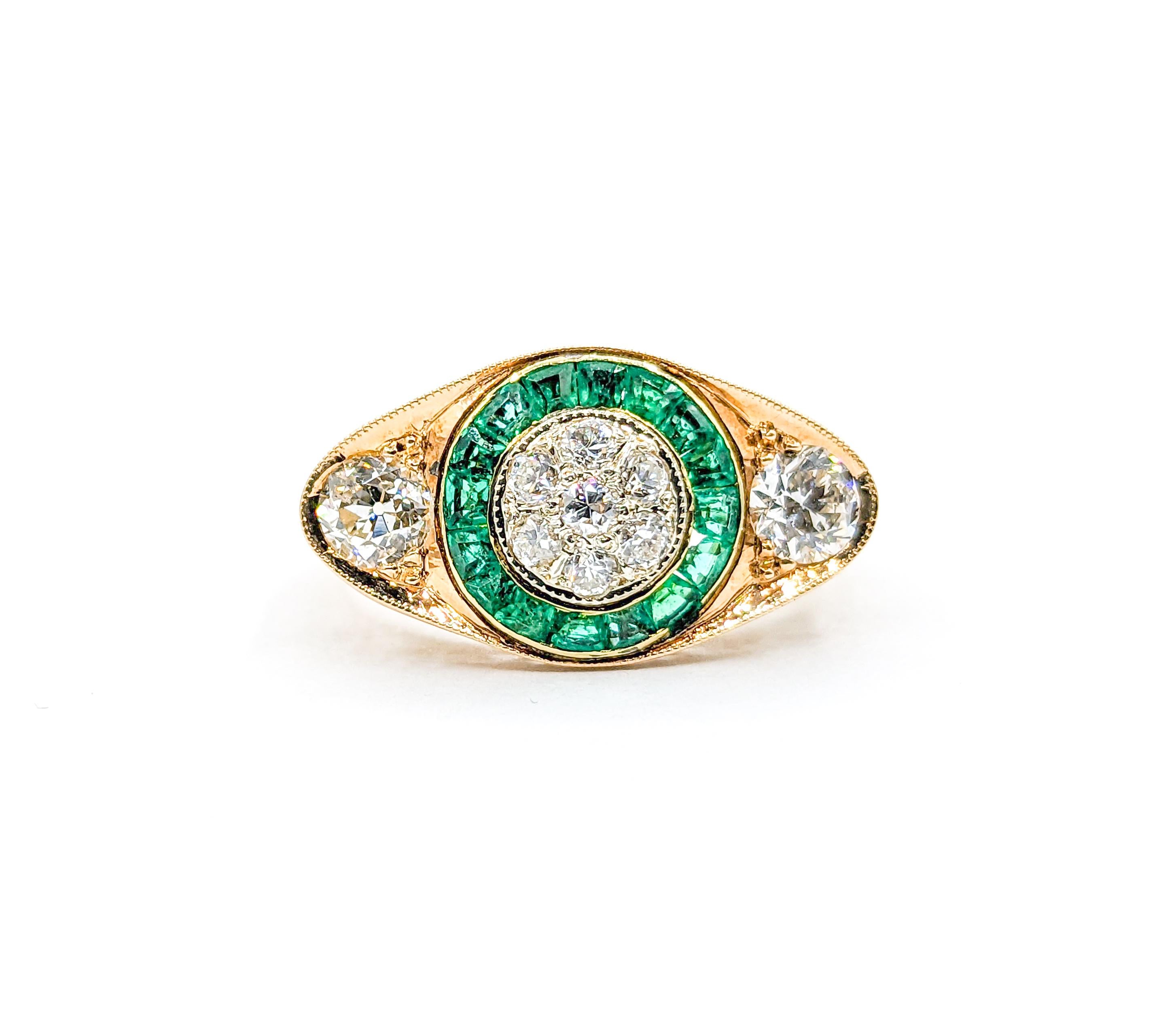 Antique Old European Diamond & Emeralds Target Ring in 14K Gold For Sale 6