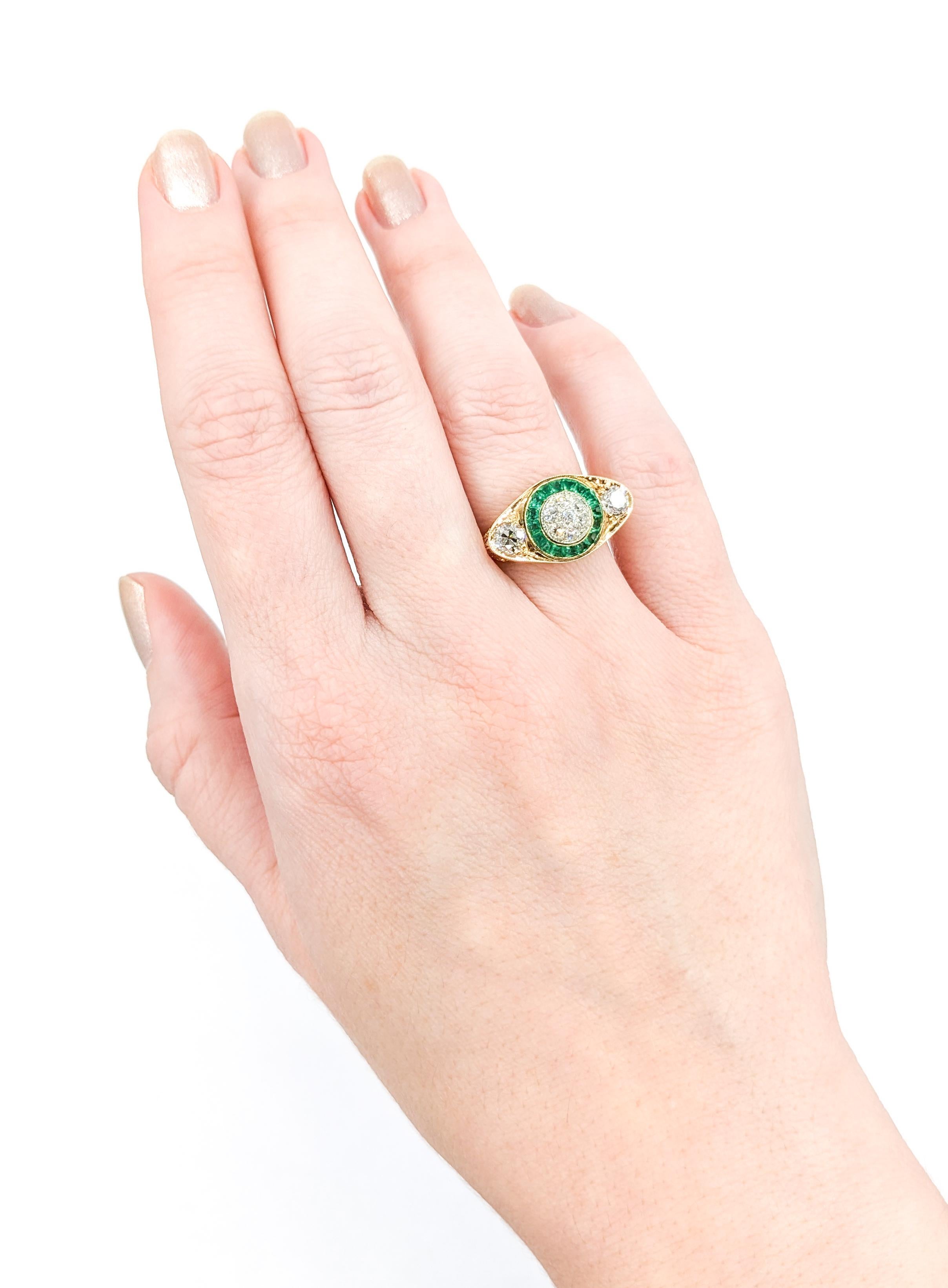Antique Old European Diamond & Emeralds Target Ring in 14K Gold

Experience timeless elegance with this beautiful antique target ring, intricately crafted in 14k Yellow Gold with filigree details. This exquisite piece is adorned with .80ctw Old