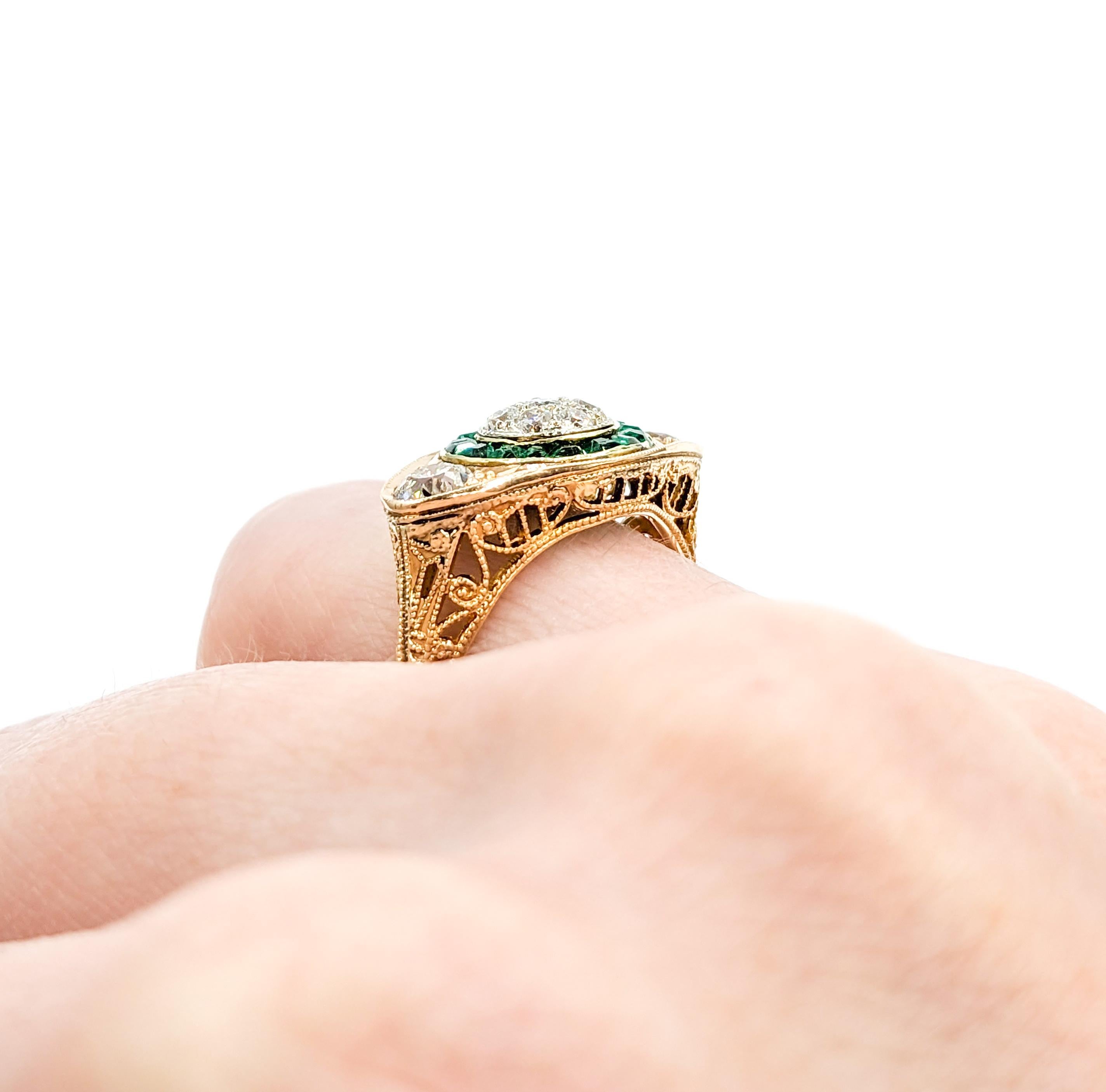Art Deco Antique Old European Diamond & Emeralds Target Ring in 14K Gold For Sale
