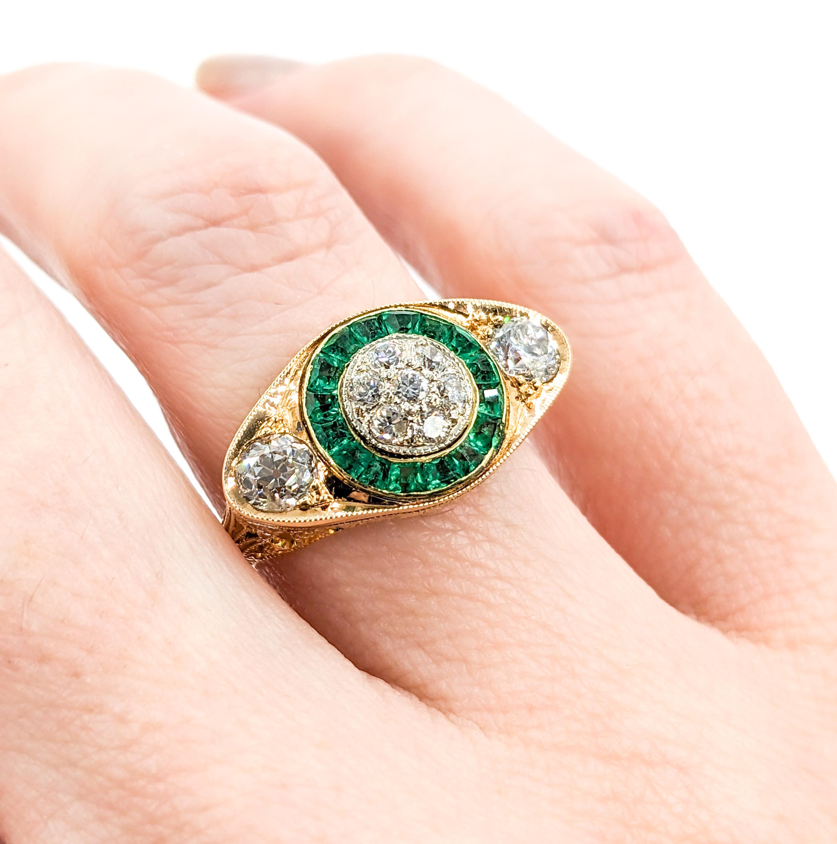 Old European Cut Antique Old European Diamond & Emeralds Target Ring in 14K Gold For Sale