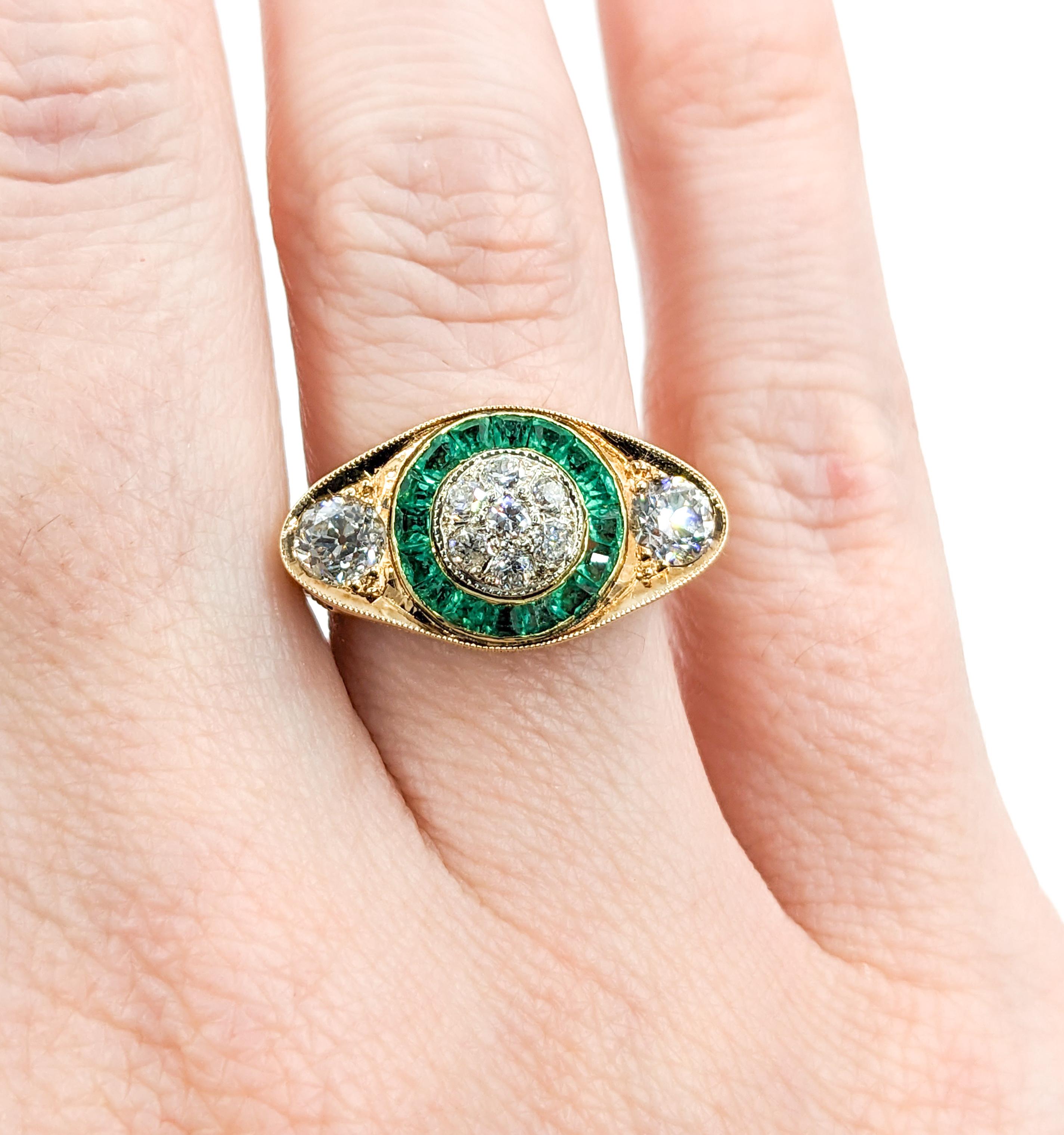 Antique Old European Diamond & Emeralds Target Ring in 14K Gold In Excellent Condition For Sale In Bloomington, MN