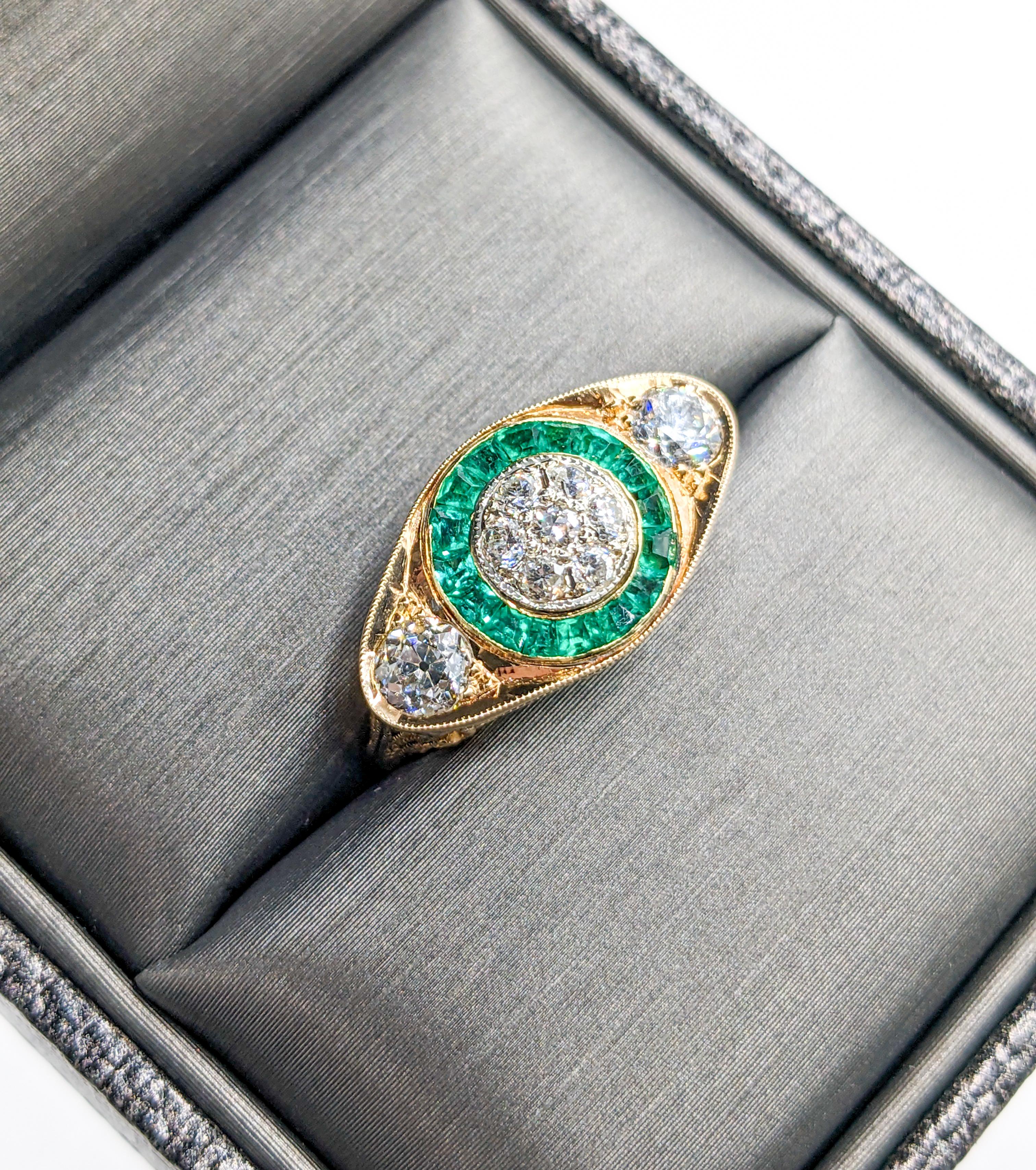 Women's Antique Old European Diamond & Emeralds Target Ring in 14K Gold For Sale