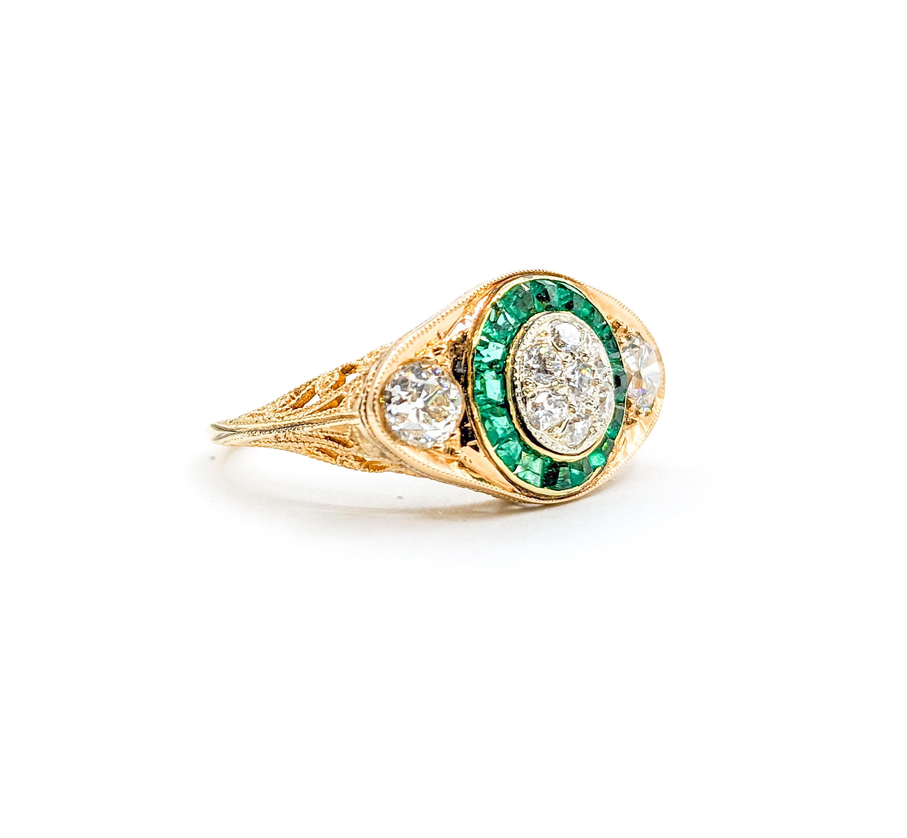 Antique Old European Diamond & Emeralds Target Ring in 14K Gold For Sale 1