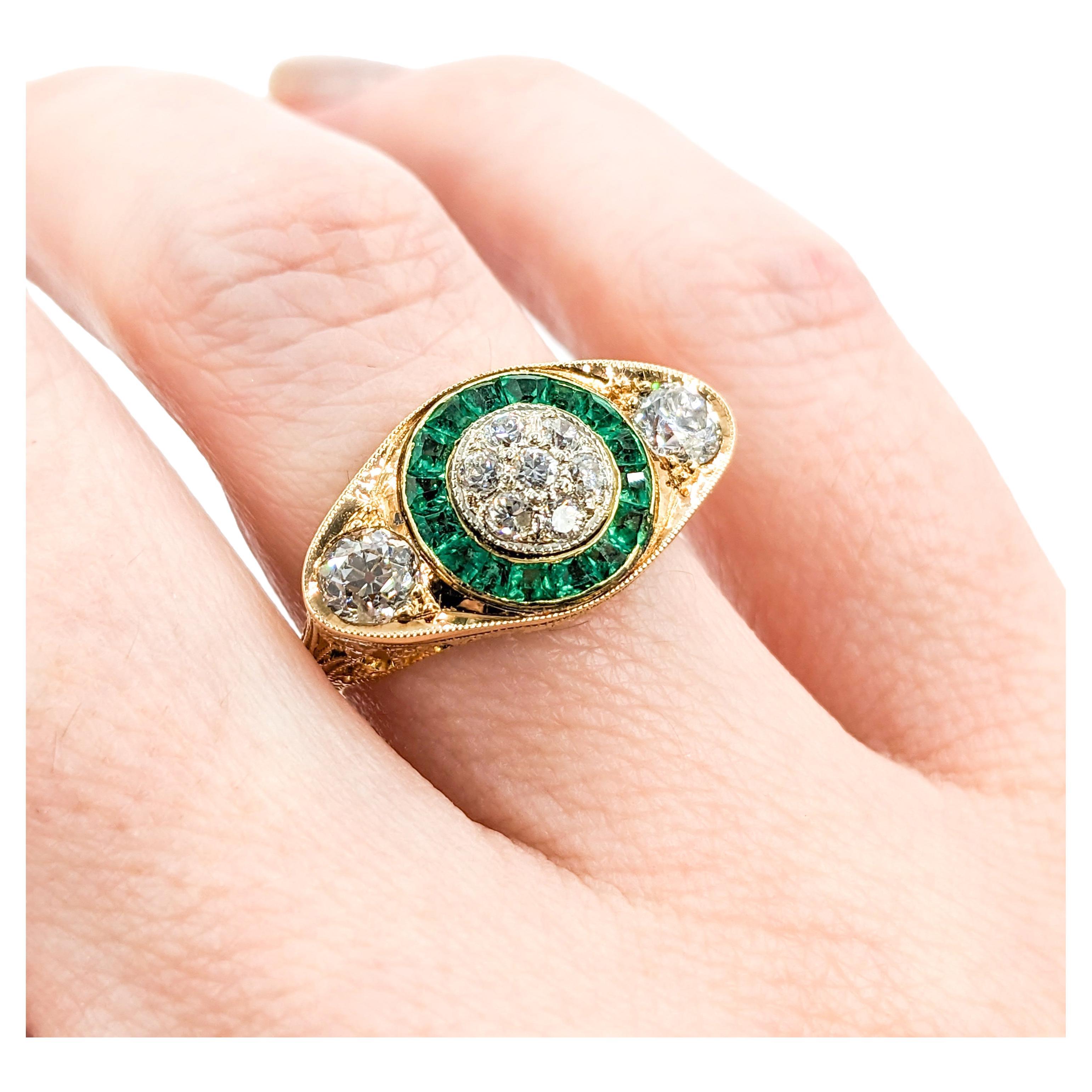 Antique Old European Diamond & Emeralds Target Ring in 14K Gold For Sale