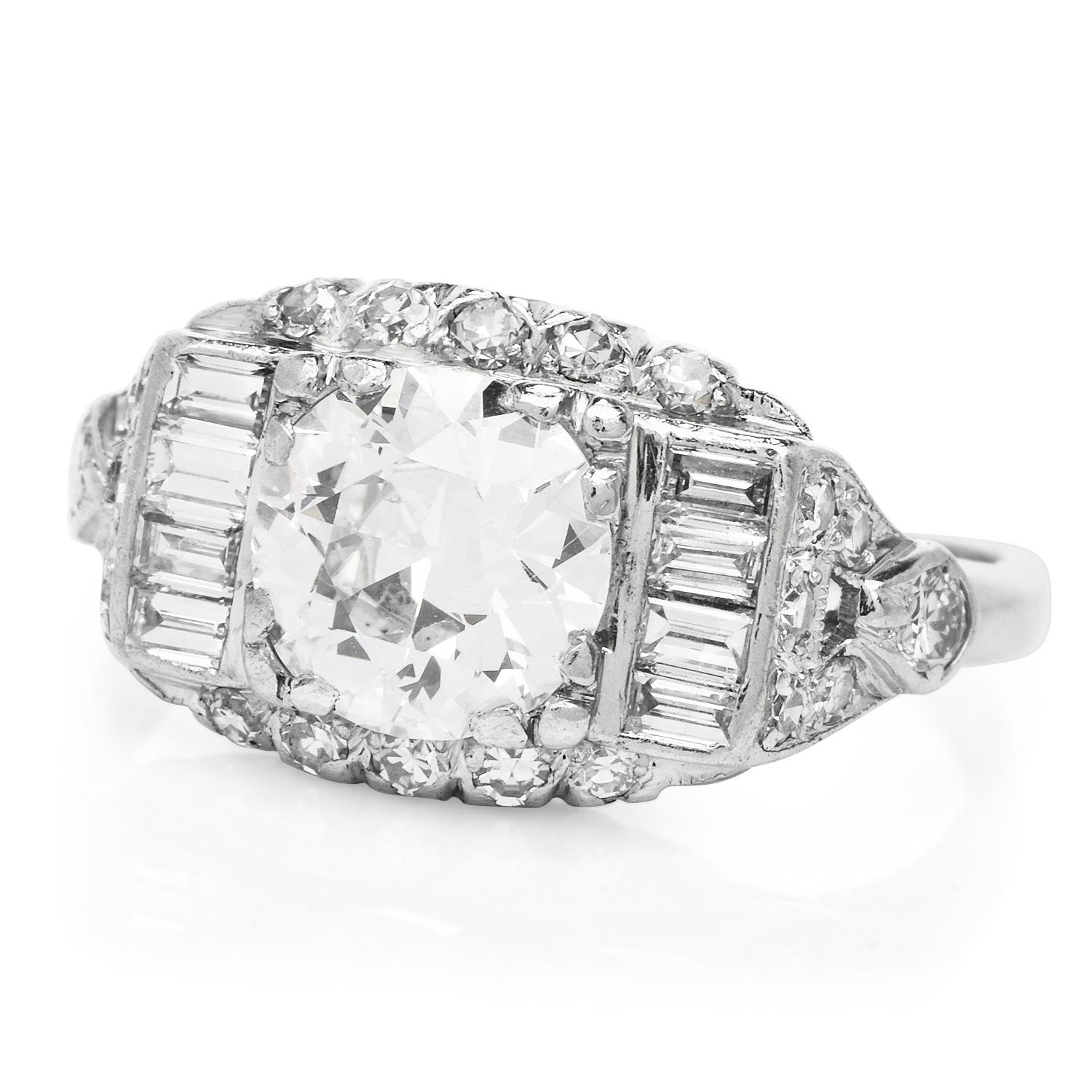 
Antique Engagement Ring represents a lifetime of love and treasures.

This Antique diamond ring is Crafted in Platinum, accented with an Old European cut Center diamond, round, Prong-set, 1.25 carats, G-H color & VS1 clarity.

Complimenting the