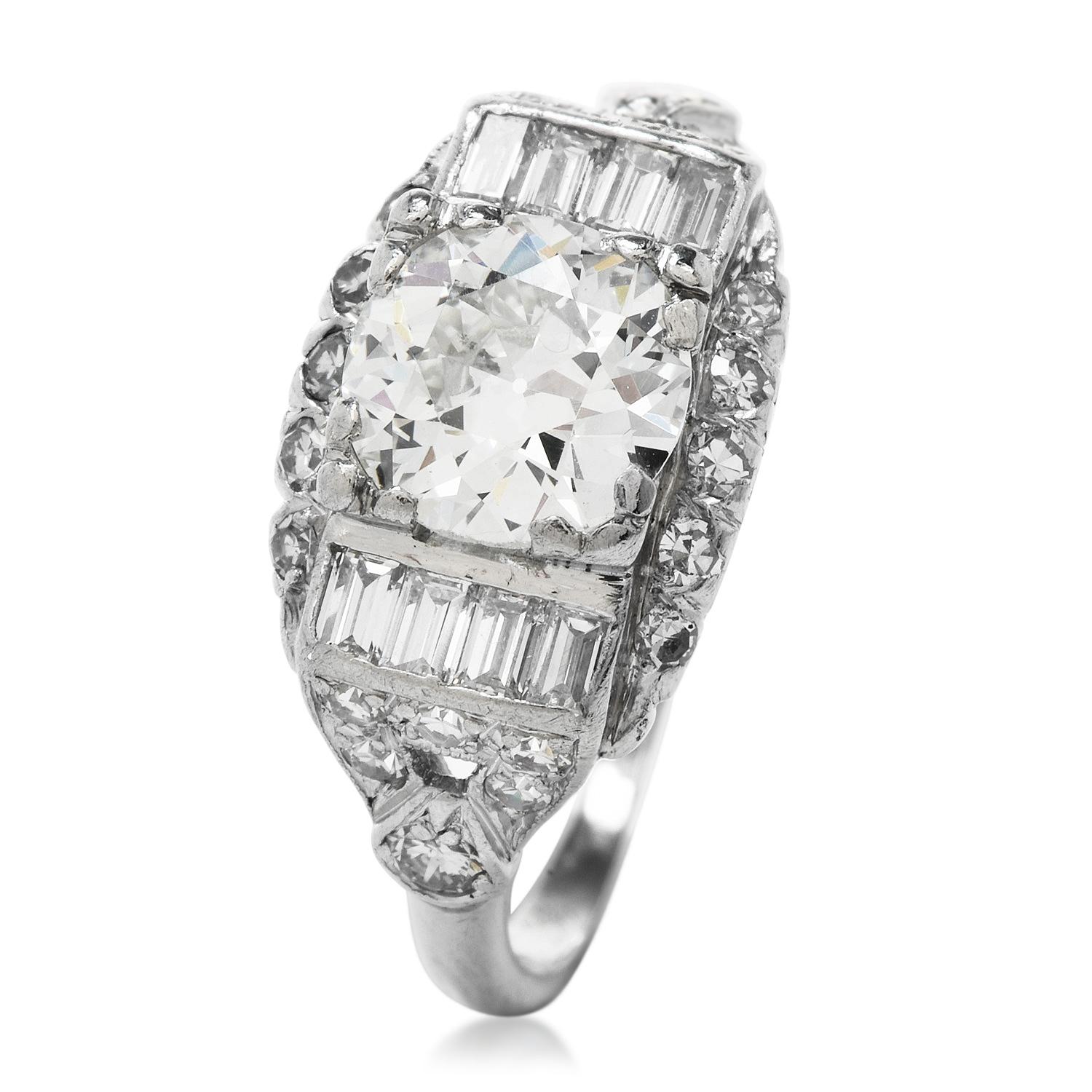 Antique Old European Diamond Platinum Engagement Ring 1