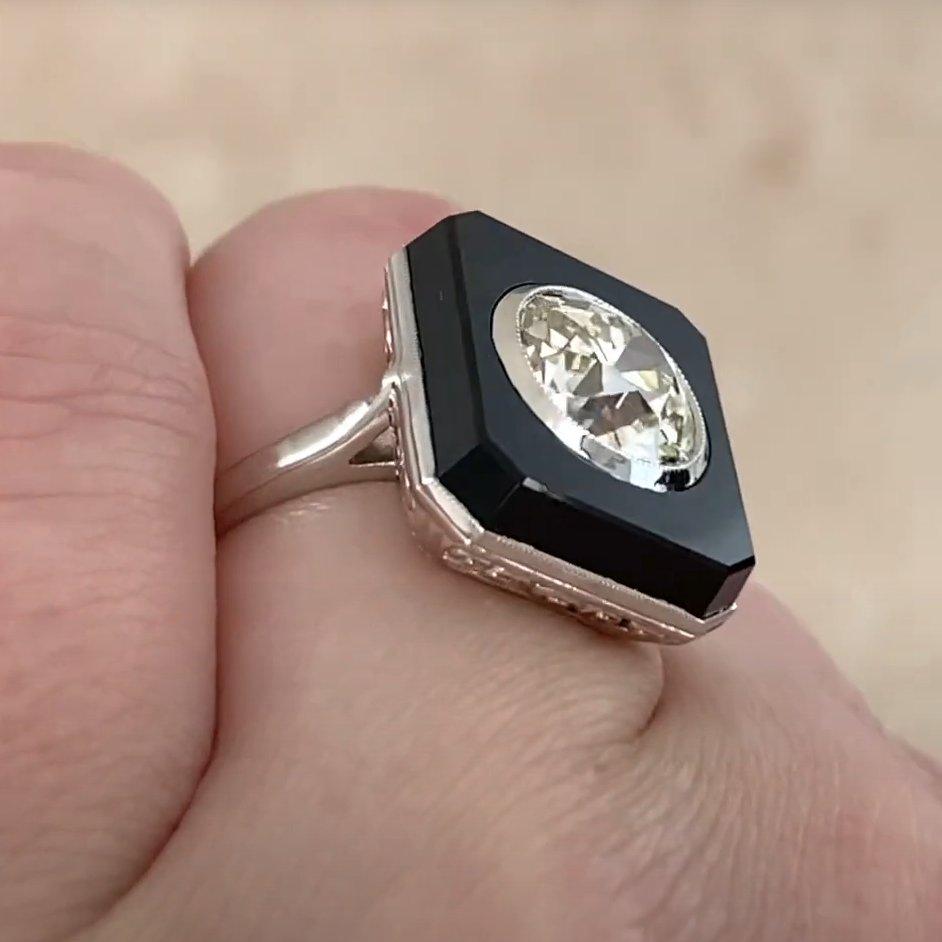 Old European Cut Antique Old European Diamond Ring (Approx. 2.20-Carats), Onyx Halo, Platinum For Sale