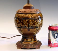 Antique Old Gien French Pottery Deck Style Oil Lamp 19th Century Electrified