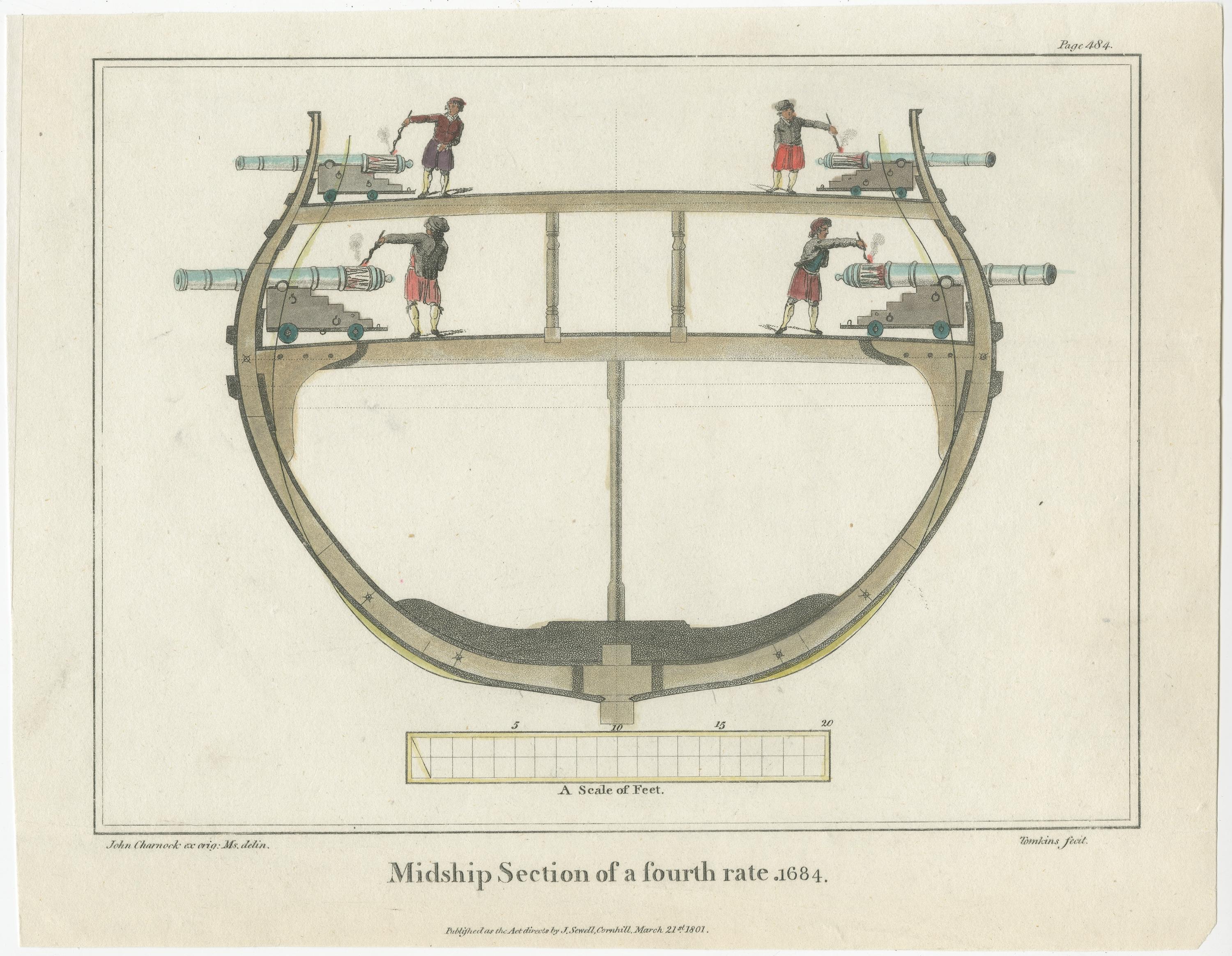 Description: Antique print titled 'Midship Section of a fourth rate. 1684'. 

Midship section of a fourth rate war vessel with armament detail. Soldiers prepare to fire cannons. This print originates from John Charnock's 'History of Marine