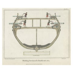 Stampa antica colorata a mano della sezione di una nave da guerra di quarta classe, 1801