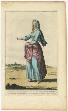 Ancien imprimé ancien coloré à la main d'une femme juive magnifiquement habillée, vers 1725
