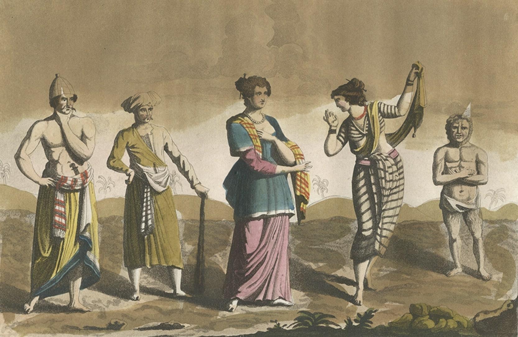 Paper Antique Old Hand Coloured Print of Javanese in Indonesia, 1827 For Sale