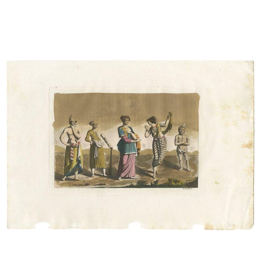Antique print of Javanese women in a local dress. Also depicted are Javanese men in local costume carrying a dagger and one is holding a bludgeon. This print originates from 'Il Costume Antico e Moderno (.)' by G. Ferrario.
Artists and Engravers: