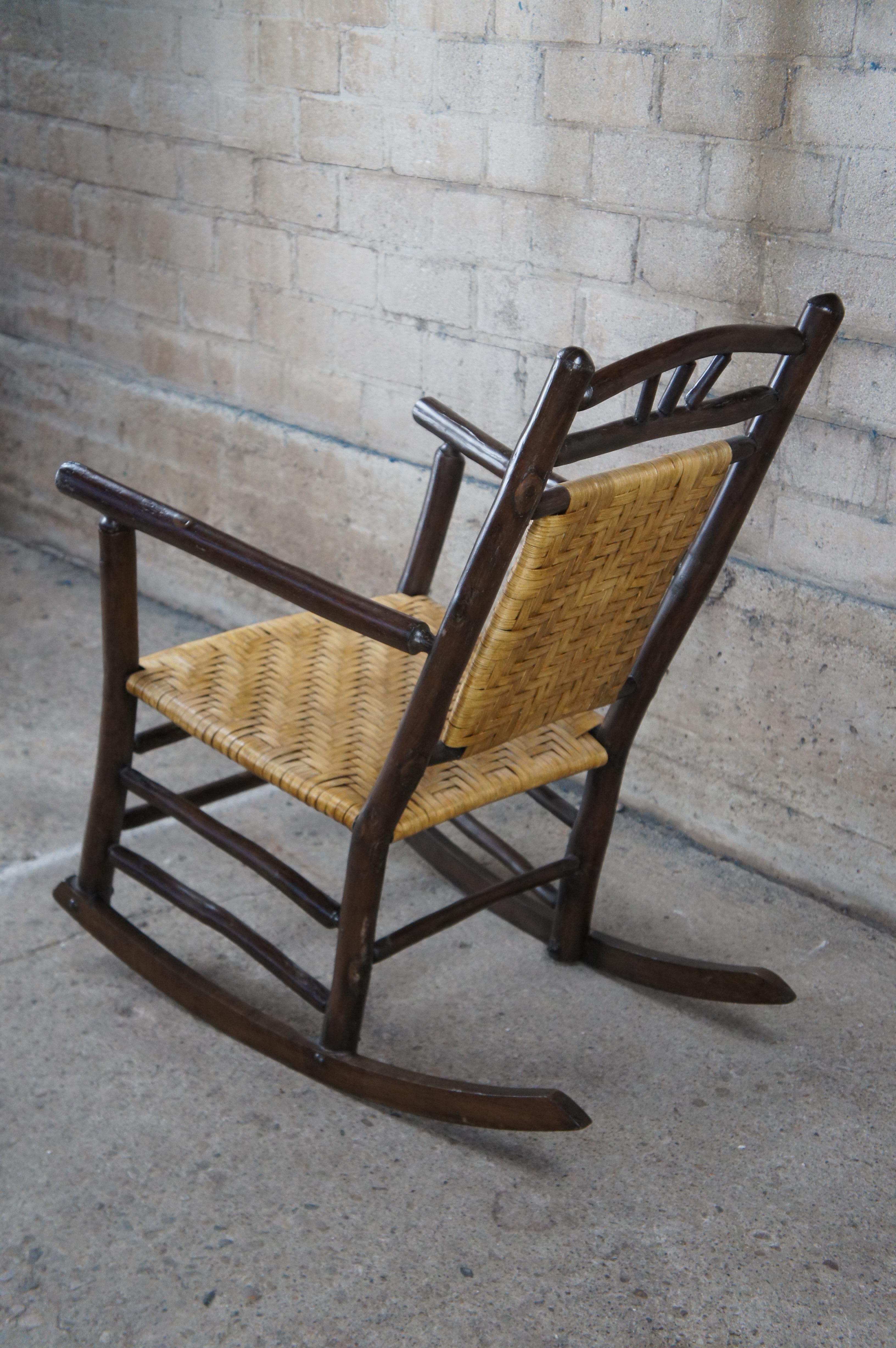 Rattan Antique Old Hickory Rocking Arm Chair Adirondack Wagon Wheel Back Lodge Rocker For Sale