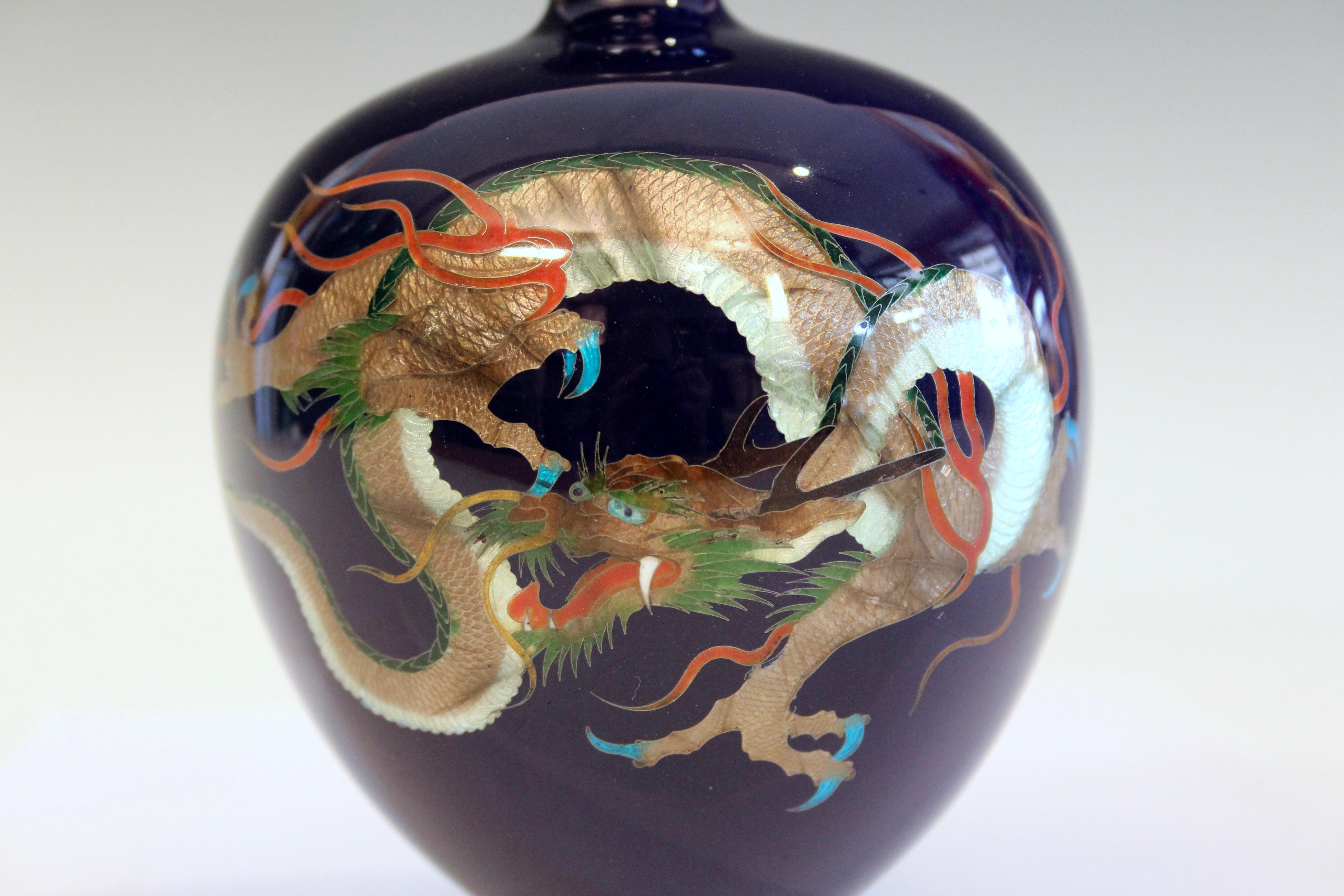 Antique Old Japanese Cloisonne Ginbari Signed Studio Vase Dragon 3