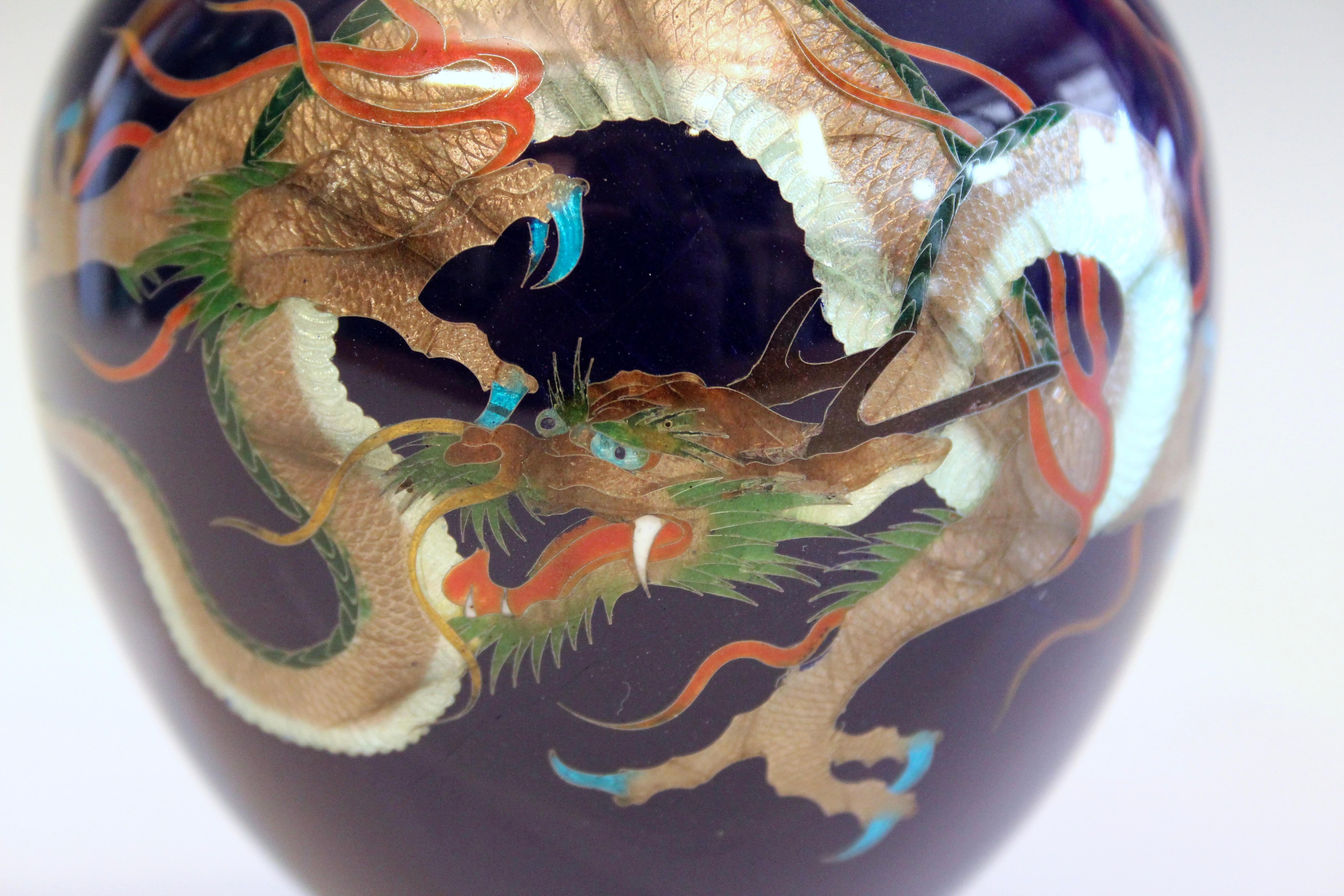 Antique Old Japanese Cloisonne Ginbari Signed Studio Vase Dragon 4