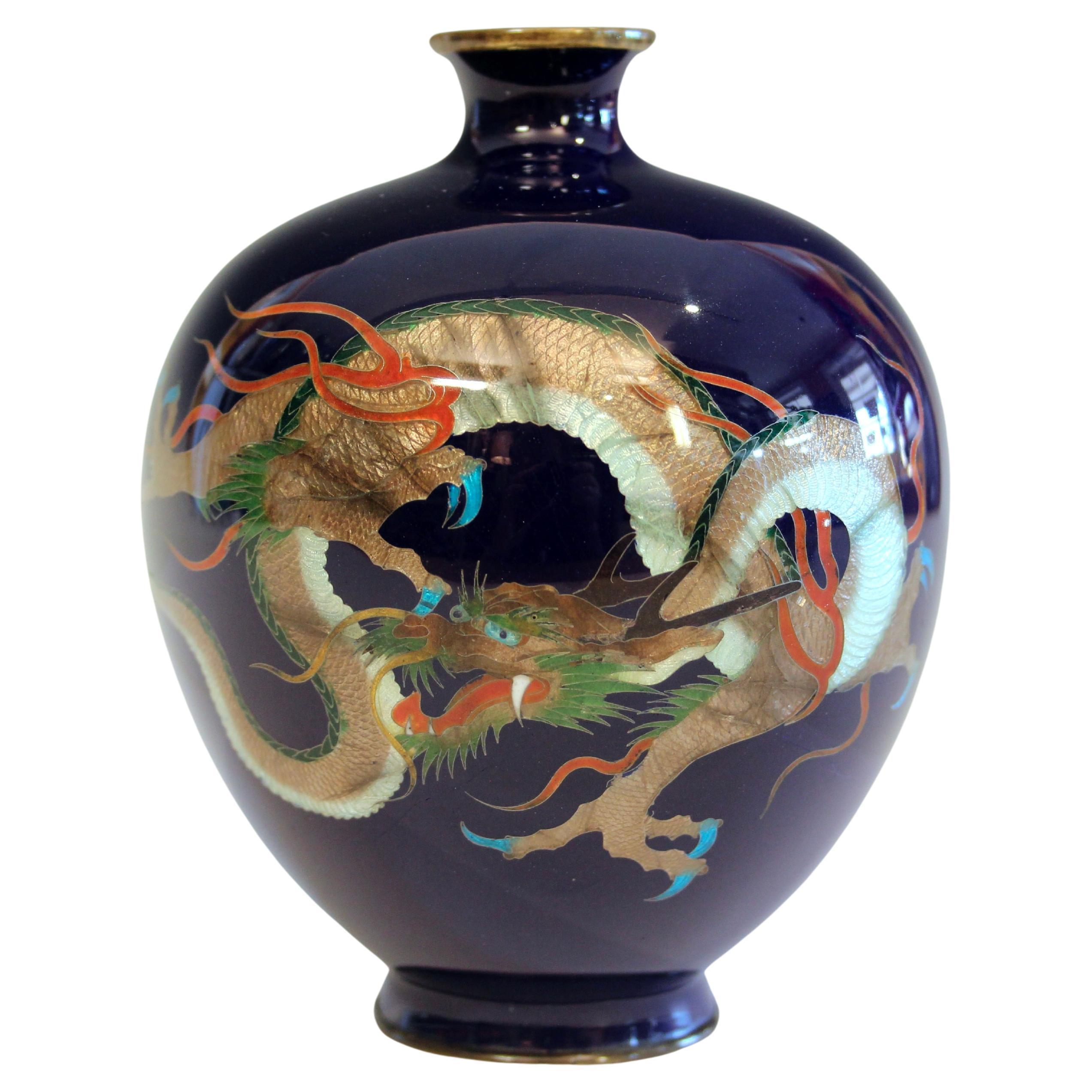 Antique Old Japanese Cloisonne Ginbari Signed Studio Vase Dragon