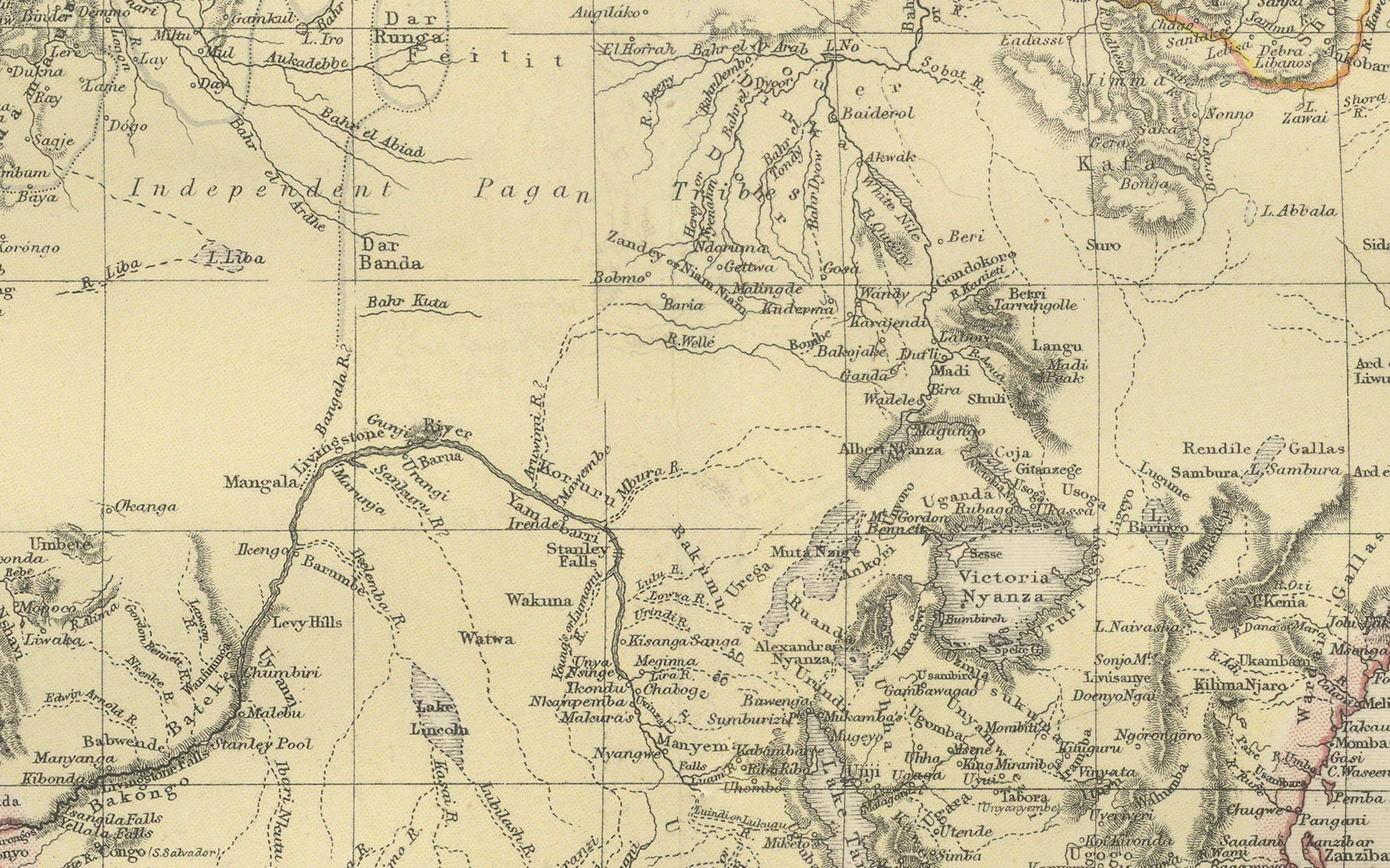 Das hochgeladene Bild ist eine historische Karte von Afrika aus dem Atlas von Blackie & Son aus dem Jahr 1882. Die Karte umfasst den gesamten afrikanischen Kontinent, wobei verschiedene Länder, Regionen und topografische Merkmale wie Gebirgszüge und