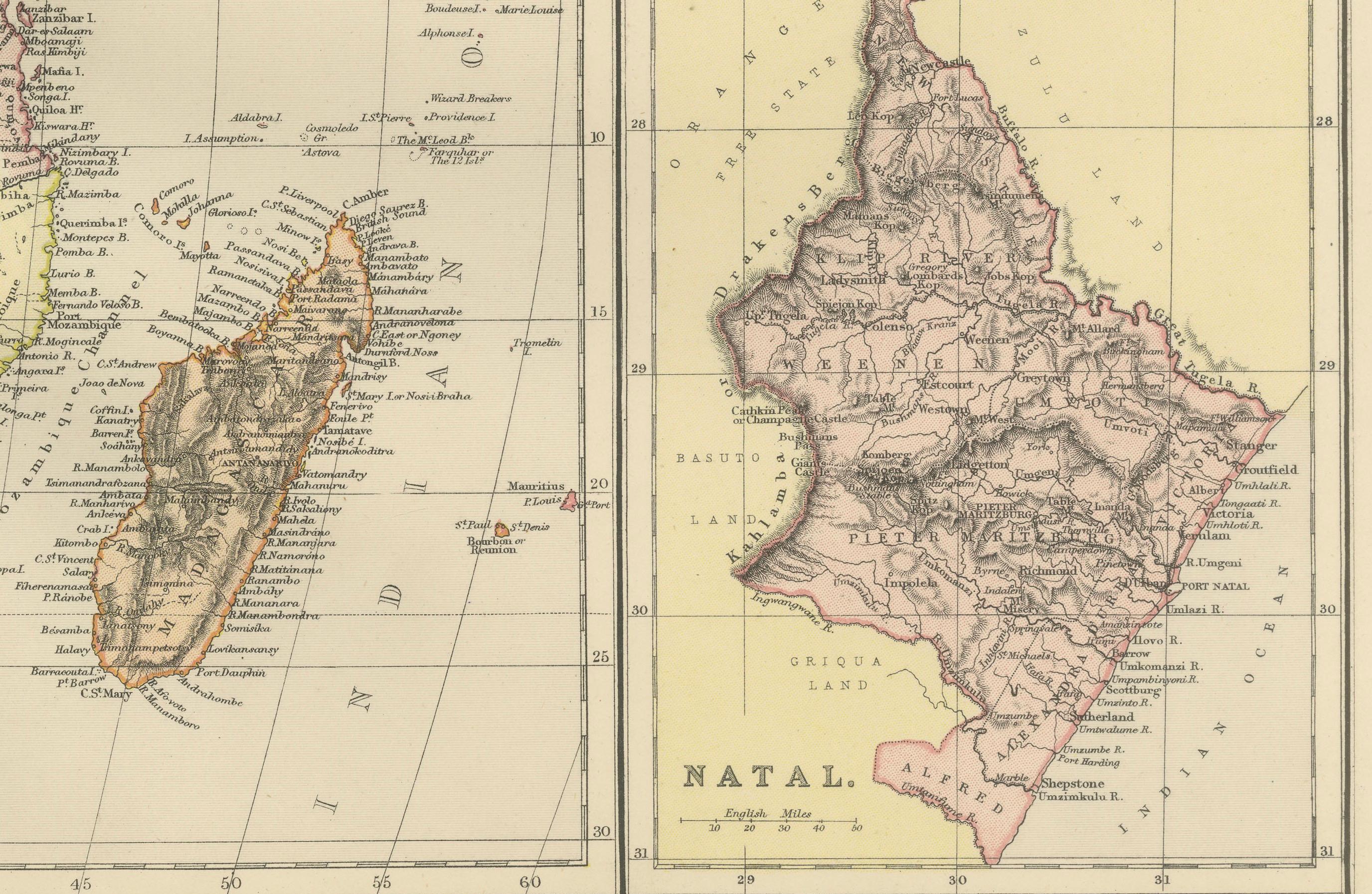 Antike alte Afrikanische Karte mit Intarsien von Mauritius, Reunion und Natal, 1882 im Angebot 2