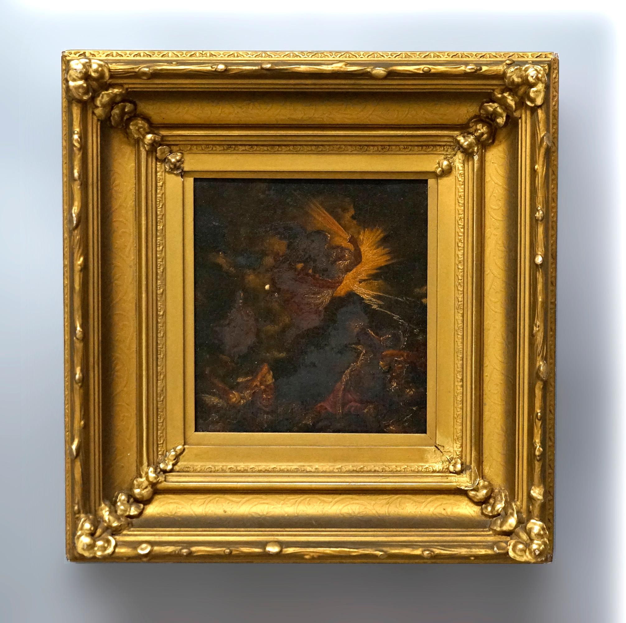 An antique old master painting offers oil on canvas depiction of The Ascension of Jesus Christ, seated in giltwood frame, 19th century

Measures- 21.5''H x 20.5''W x 5''D.

Catalogue Note: Ask about DISCOUNTED DELIVERY RATES available to most