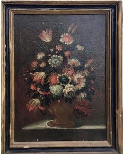 Ancienne nature morte florale italienne de maître ancien, peinture à l'huile, fleurs, 18ème siècle