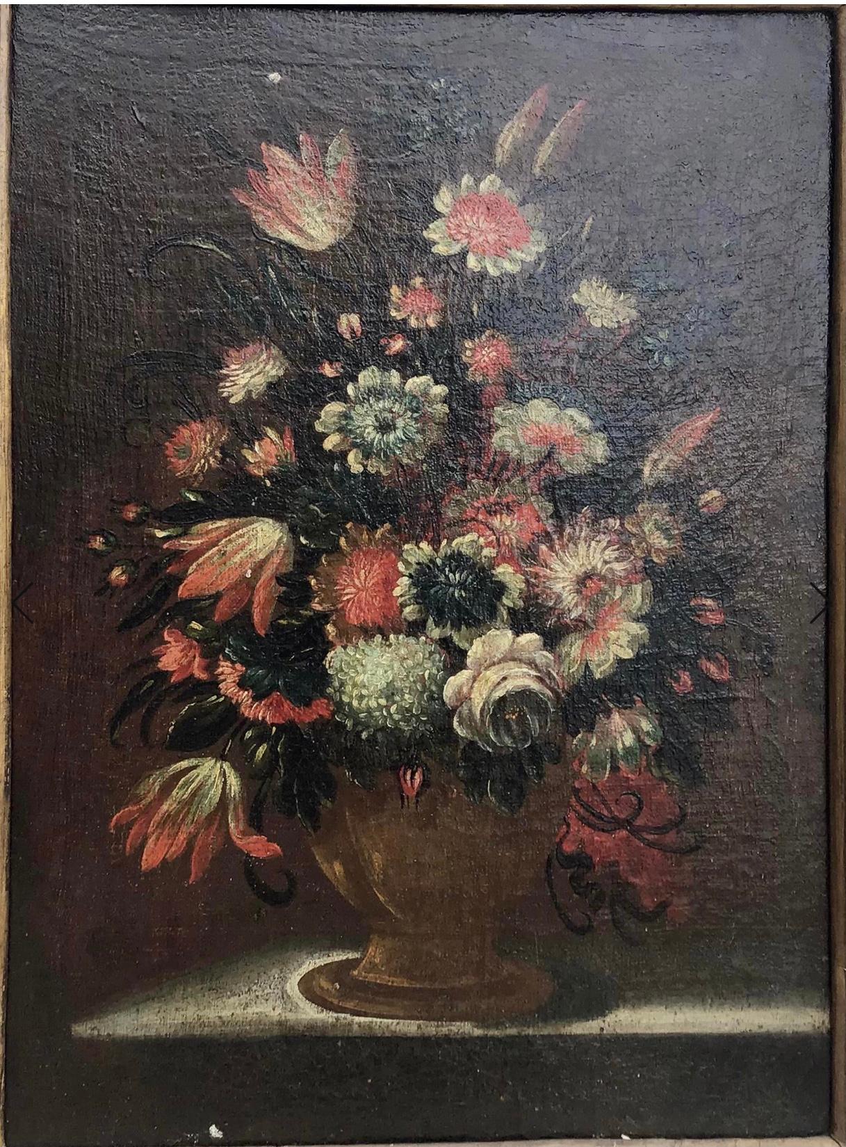Baroque Ancienne nature morte florale italienne de maître ancien, peinture à l'huile, fleurs, 18ème siècle en vente