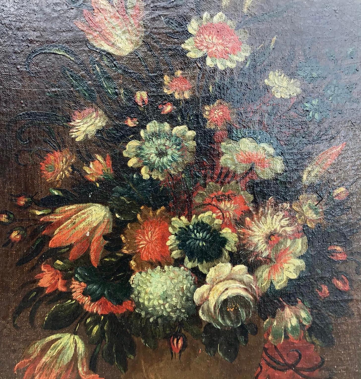 Baroque Antique Old Master Floral Still Life Oil Painting Flowers 18th Century Italian For Sale