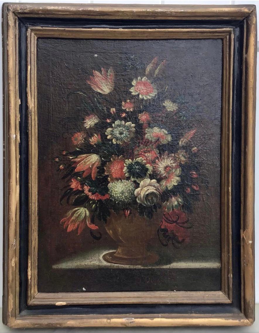 Ancienne nature morte florale italienne de maître ancien, peinture à l'huile, fleurs, 18ème siècle en vente 1