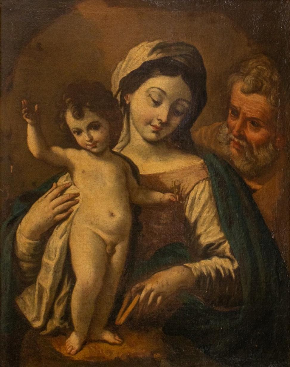 Antique Old Master religious oil painting on canvas depicting Virgin Mary beside a standing infant Jesus, Joseph to right, housed in a gilt and gessoed wood frame carved with foliate design.

Dimensions: Image: 23.5