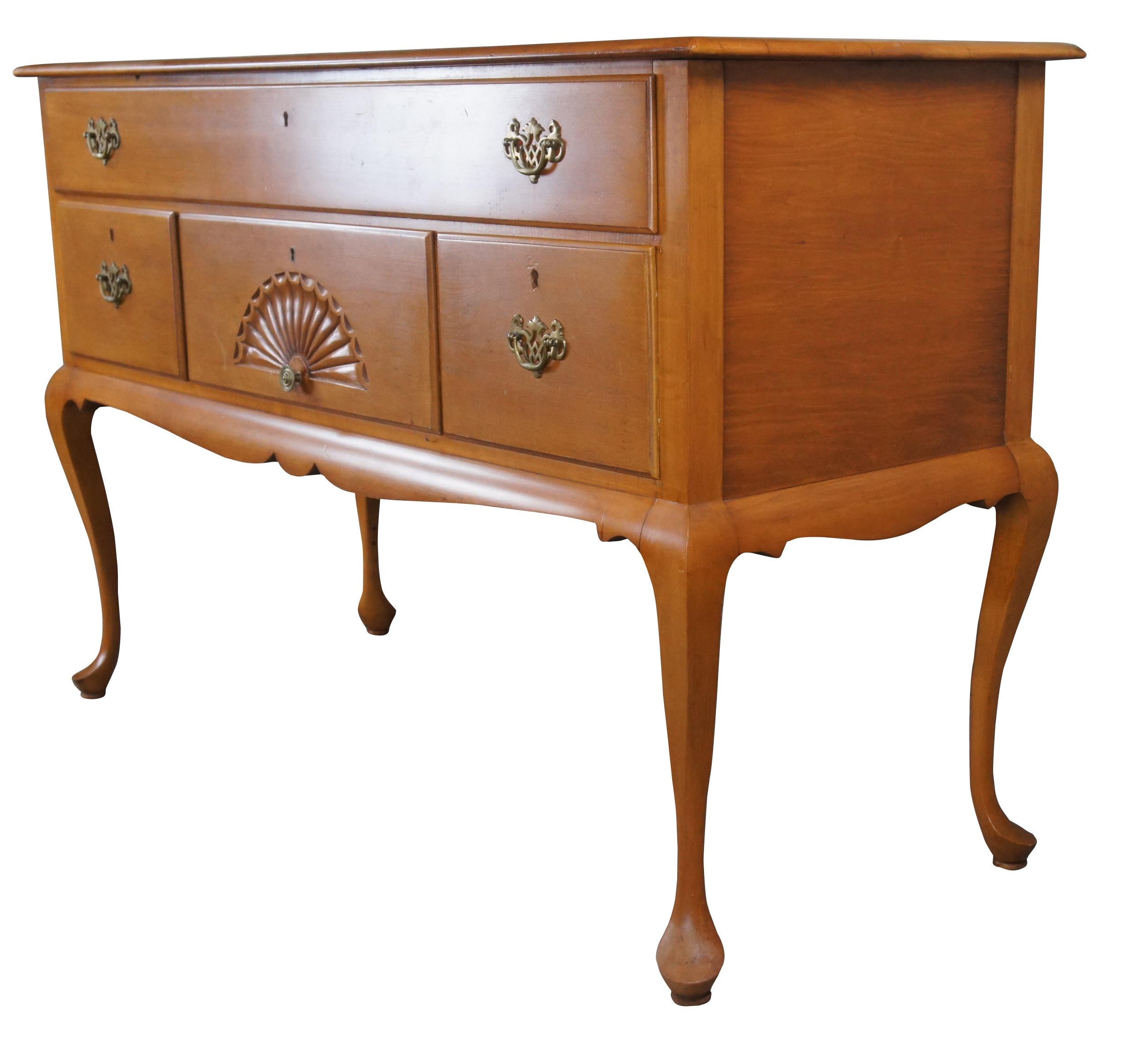 Antique Old Meeting House Queen Anne style buffet / sideboard / console / credenza.  Made of maple featuring rectangular form with four large drawers, brass hardware, serpentine skirt and slipper feet.

Winchendon Furniture Corporation
Founded: In