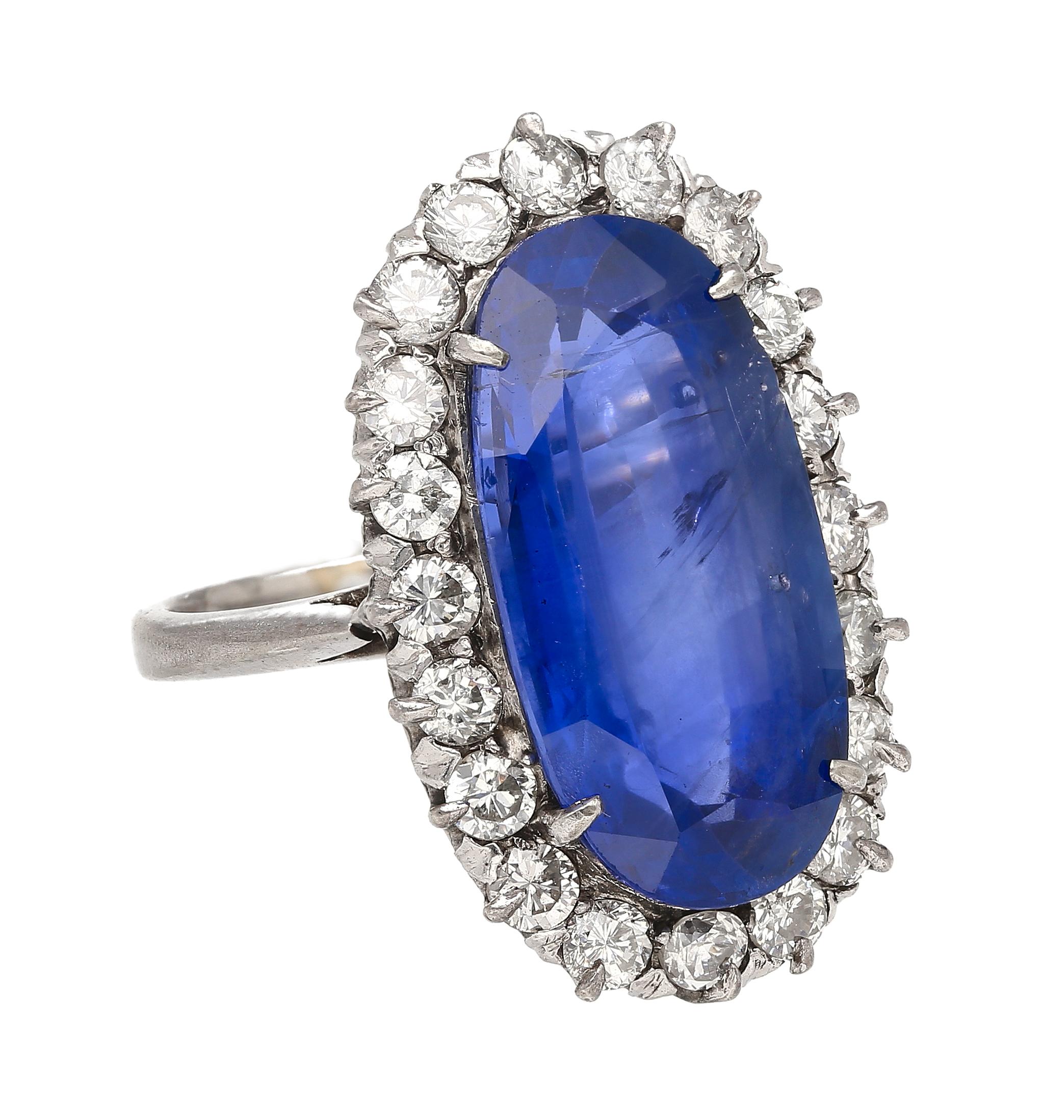 Art Deco Antique Old Mine 11.30 Carat No Heat Burma Blue Sapphire & Diamond Platinum Ring For Sale