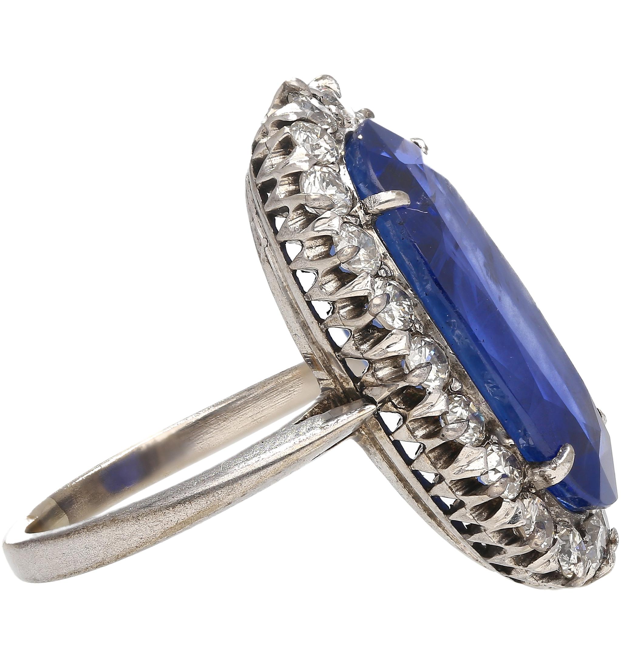 Women's Antique Old Mine 11.30 Carat No Heat Burma Blue Sapphire & Diamond Platinum Ring For Sale