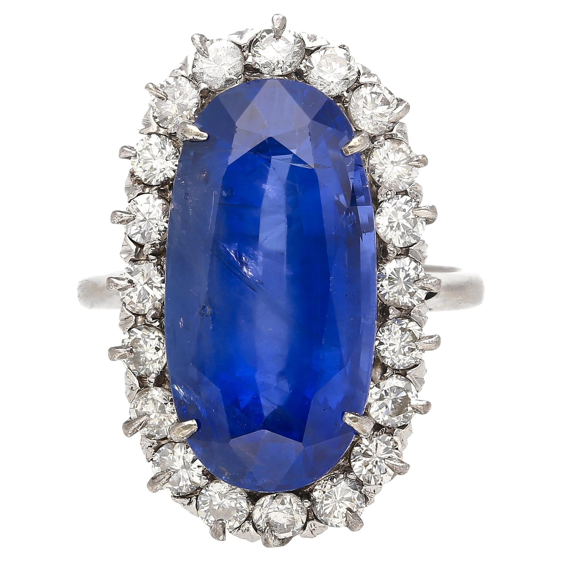 Antique Old Mine 11.30 Carat No Heat Burma Blue Sapphire & Diamond Platinum Ring For Sale