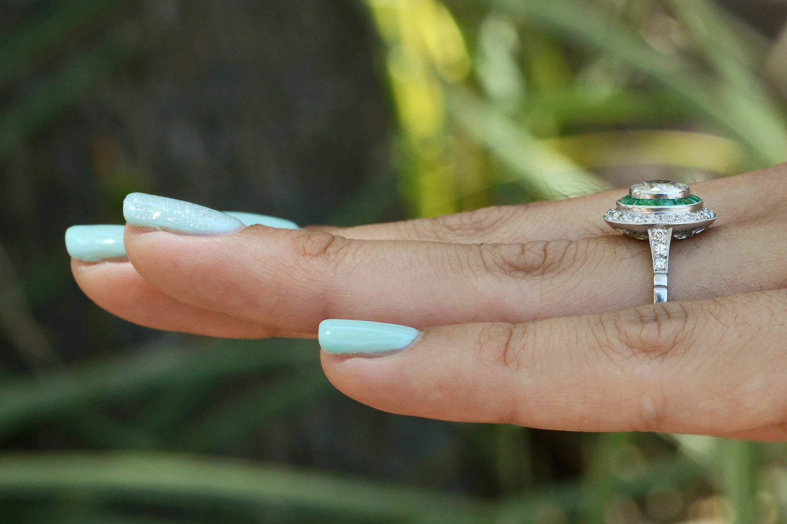 Edwardian 2.25 Carat Old Mine Cushion Diamond & Emerald Engagement Ring
