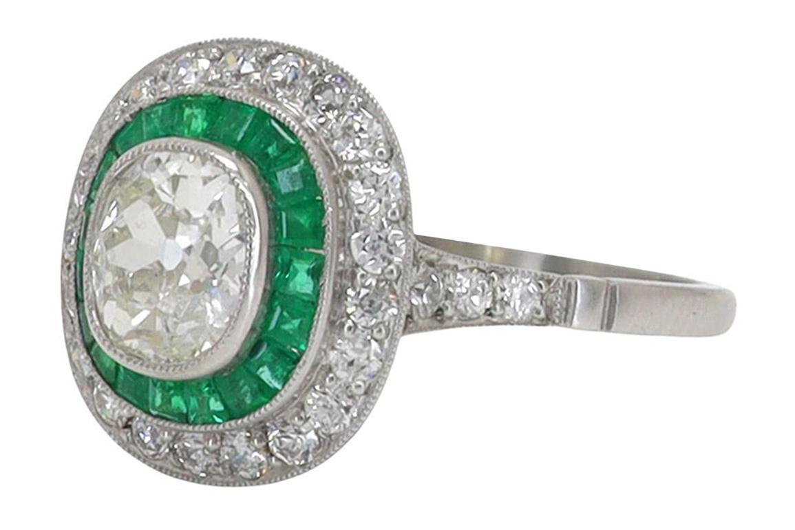 Cushion Cut 2.25 Carat Old Mine Cushion Diamond & Emerald Engagement Ring