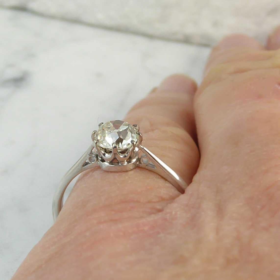 Victorian Antique Old Mine Cut 0.75 Carat Diamond Solitaire Engagement Ring, Platinum Band