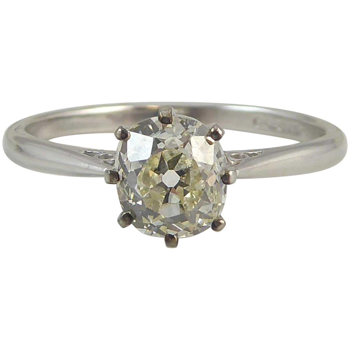 Antique Old Mine Cut 0.75 Carat Diamond Solitaire Engagement Ring, Platinum Band