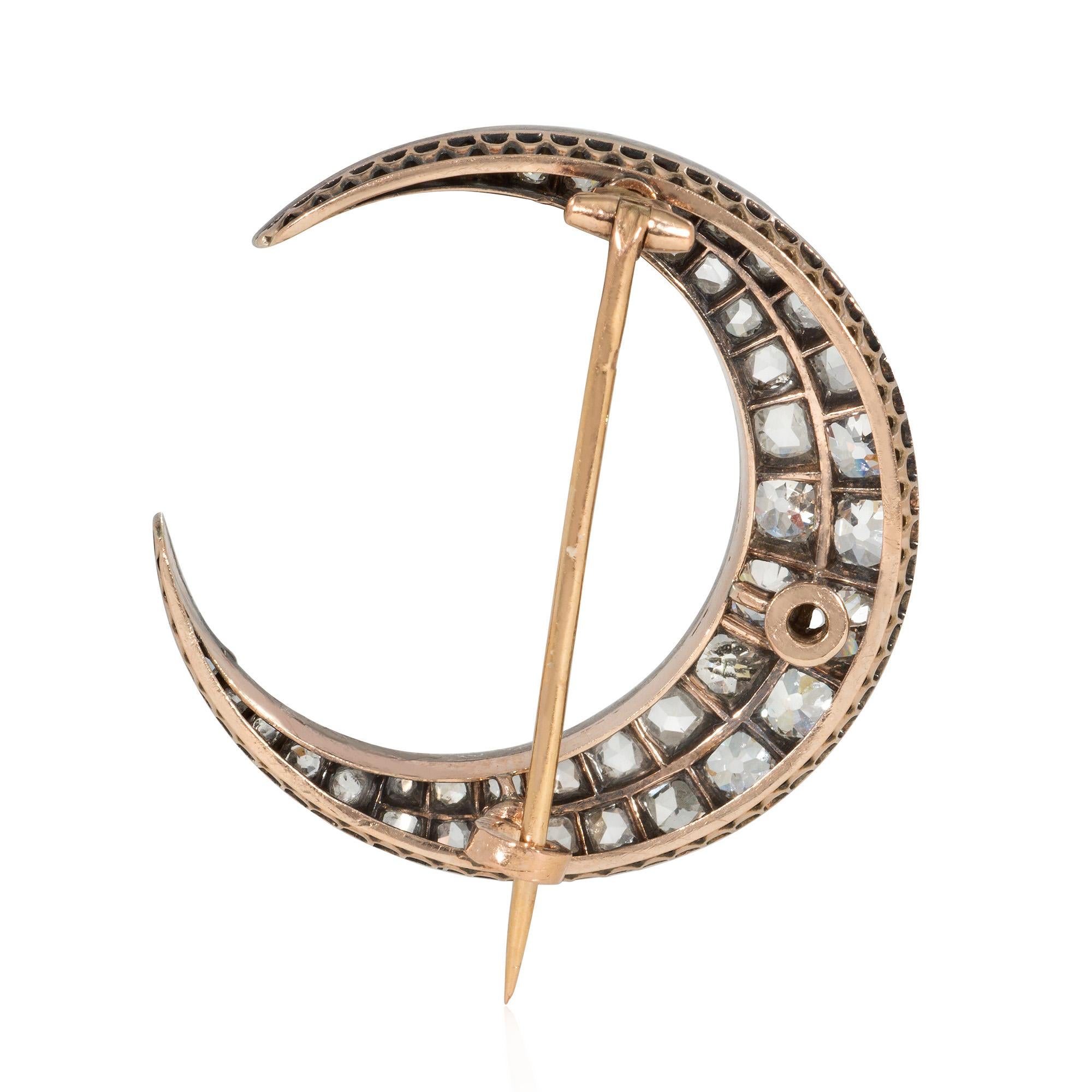 Victorian Antique Old Mine Cut and Rose Cut Diamond Crescent Moon Brooch For Sale