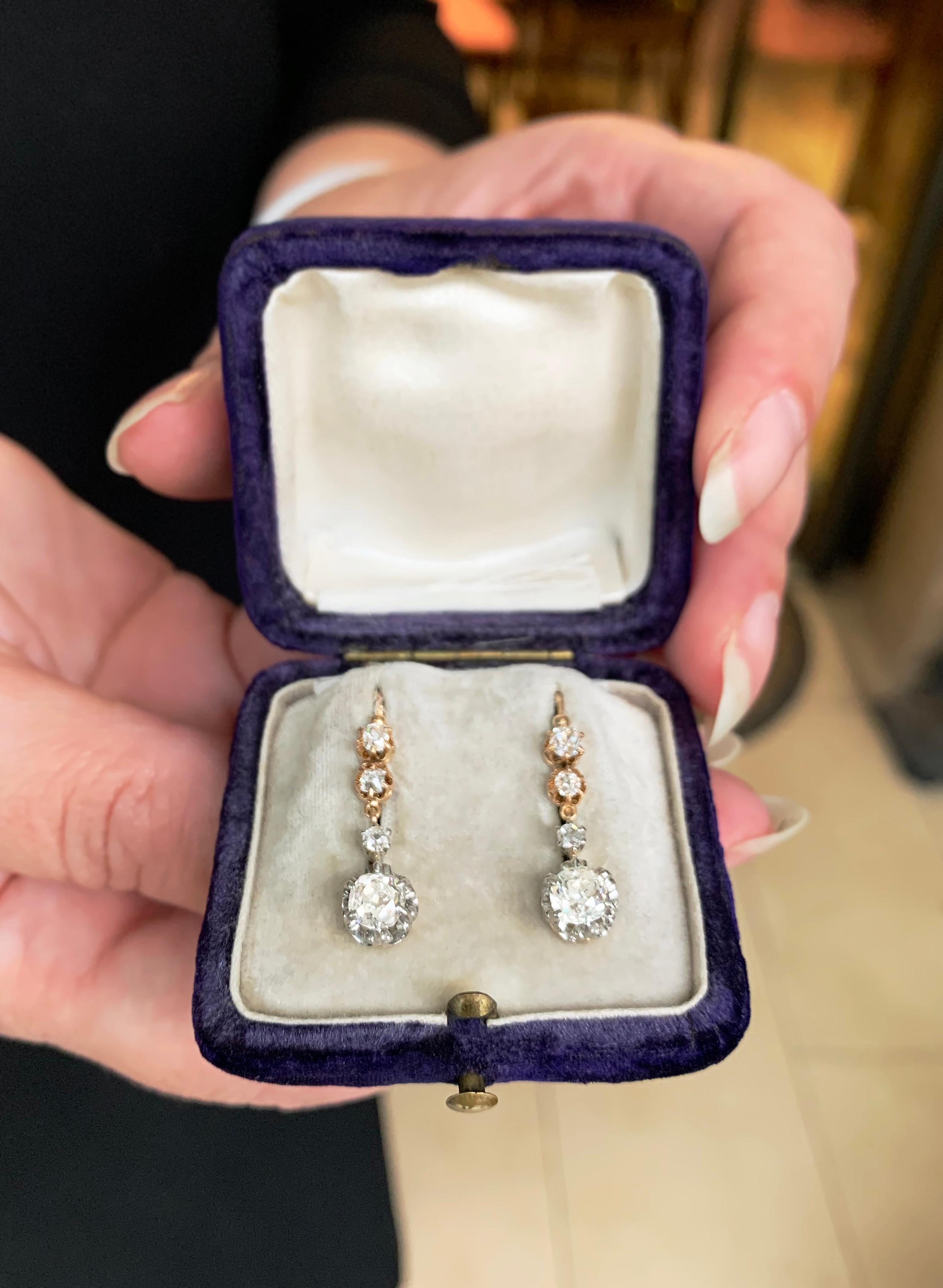 Women's Antique Old Mine Cut Diamond 18ct Gold and Platinum Drop Earrings, circa 1890s