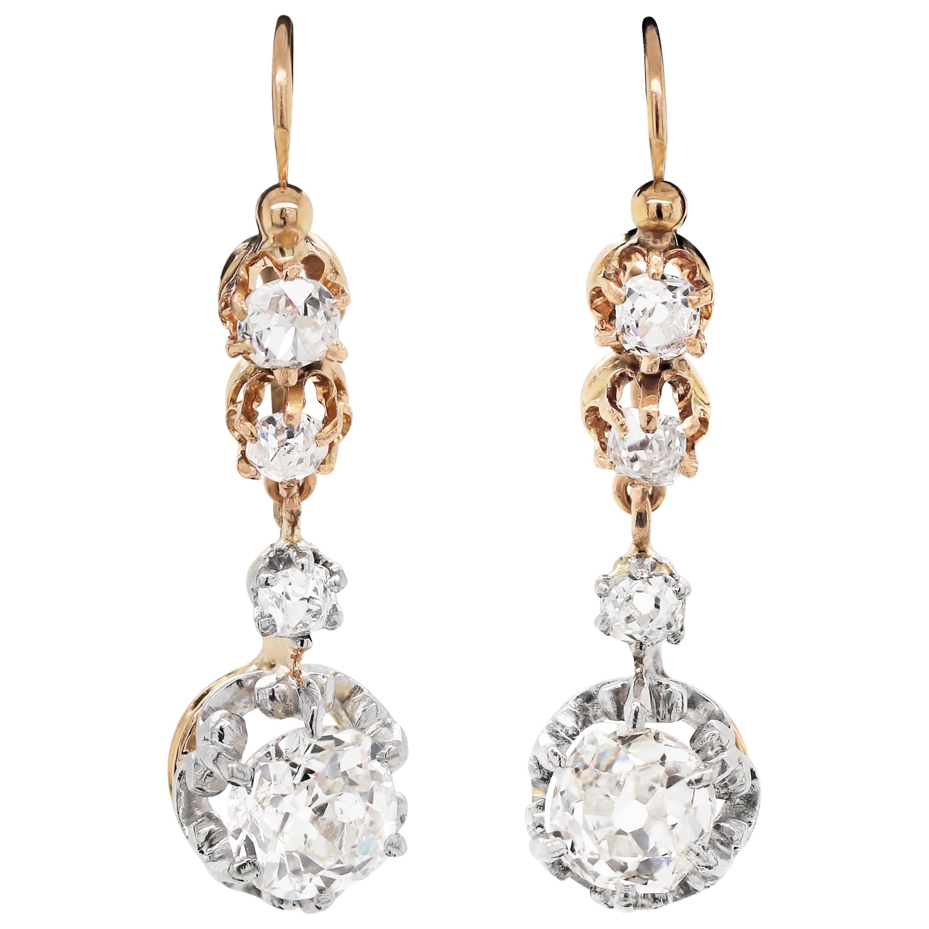 Antique Old Mine Cut Diamond 18ct Gold and Platinum Drop Earrings, circa 1890s