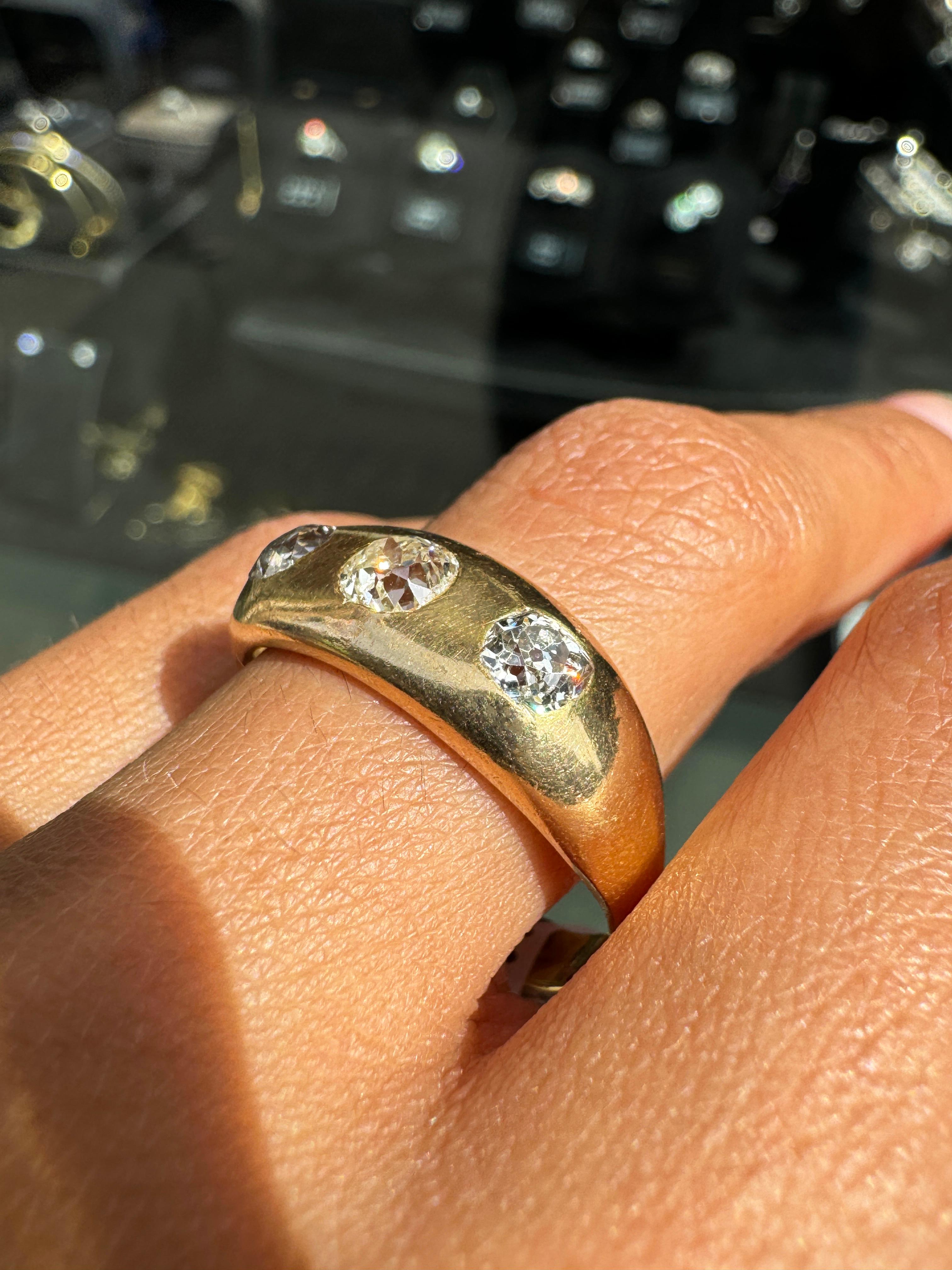 Antique Old Mine Cut Diamond 18K Yellow Gold Gents Three-Stone Ring For Sale 2