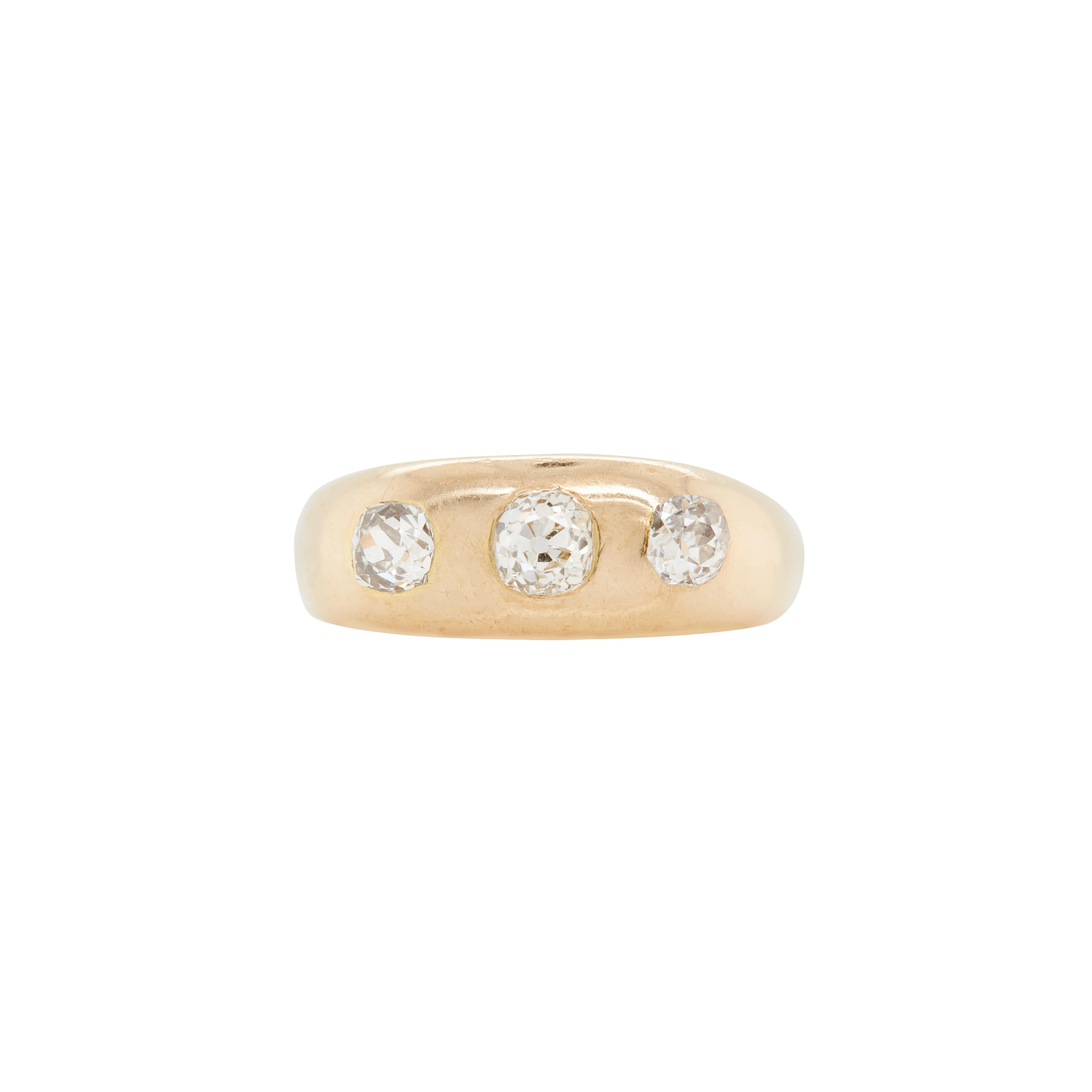 Antique Old Mine Cut Diamond 18K Yellow Gold Gents Three-Stone Ring