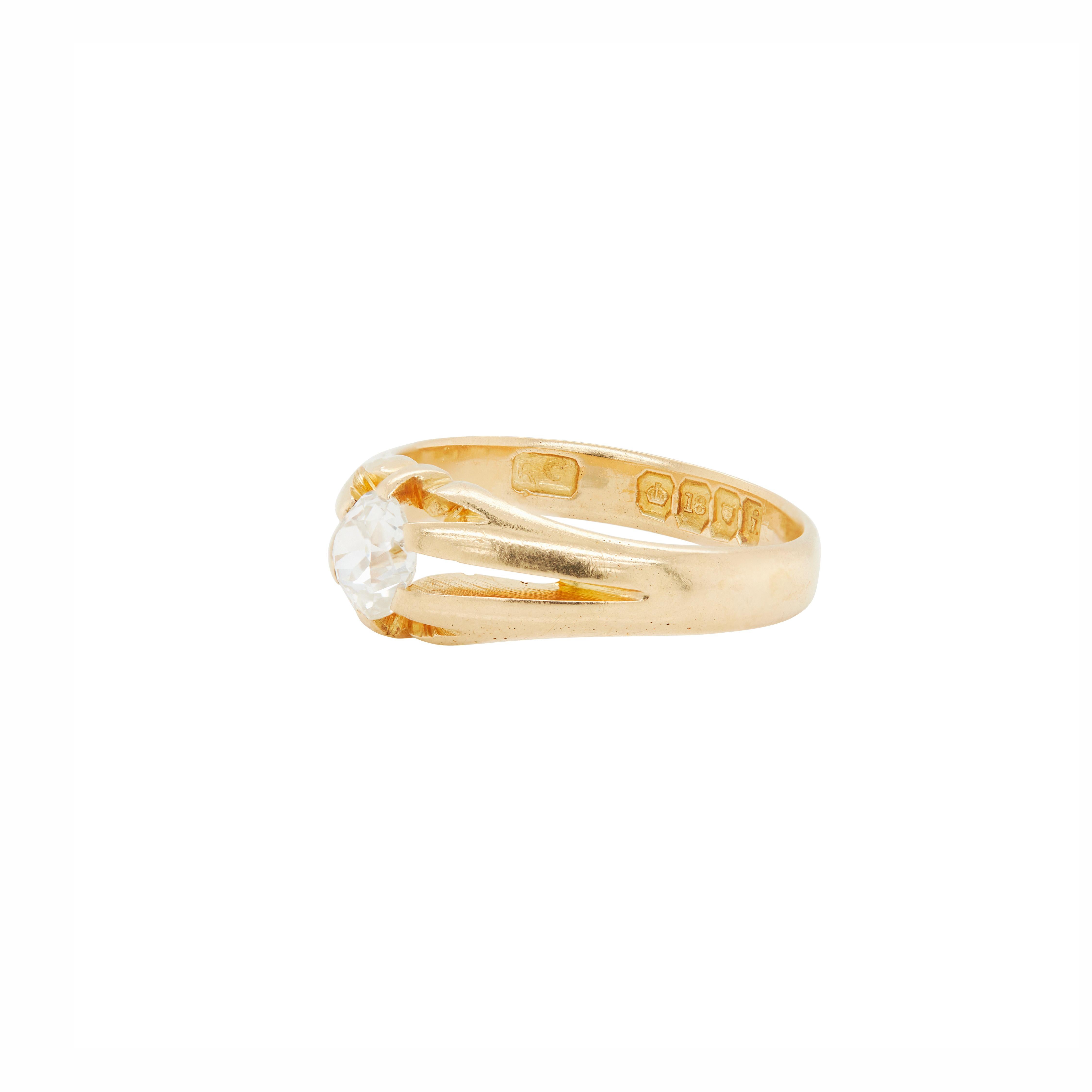 Édouardien Ancienne bague solitaire pour homme en or jaune 18K et diamant taille ancienne, Londres 1904 en vente