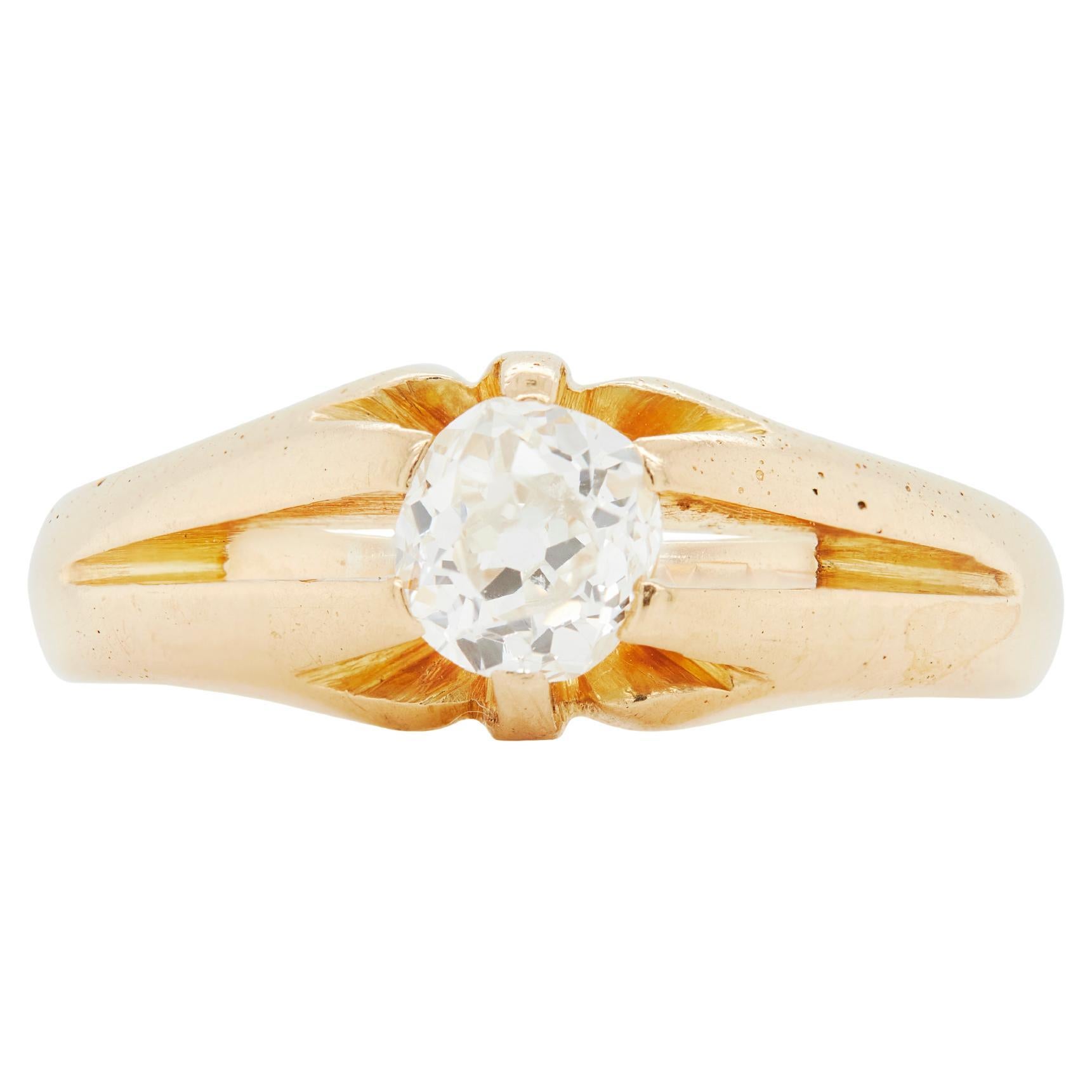 Antiguo anillo solitario de caballero de oro amarillo de 18 quilates y diamantes talla antigua, Londres 1904