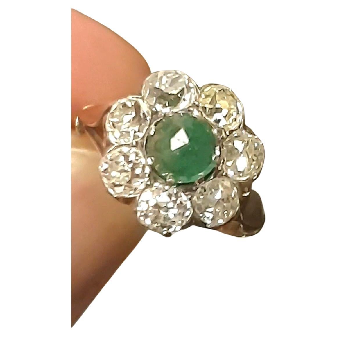Antique Old Mine Cut Diamond And Emerald Gold Ring For Sale