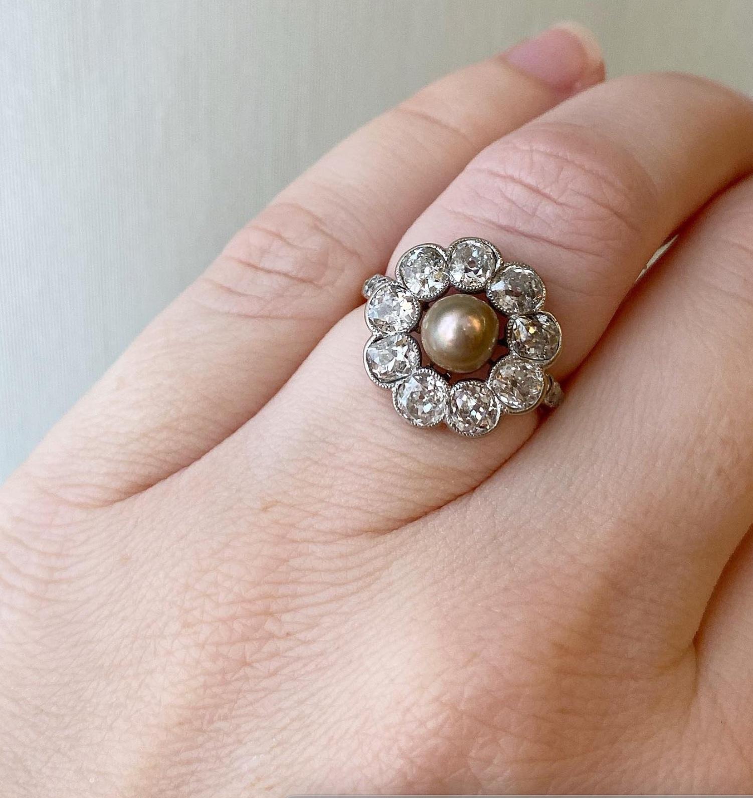 Edwardian Antique Old Mine Cut Diamond and Grey Pearl Cluster Ring in Gold and Platinum