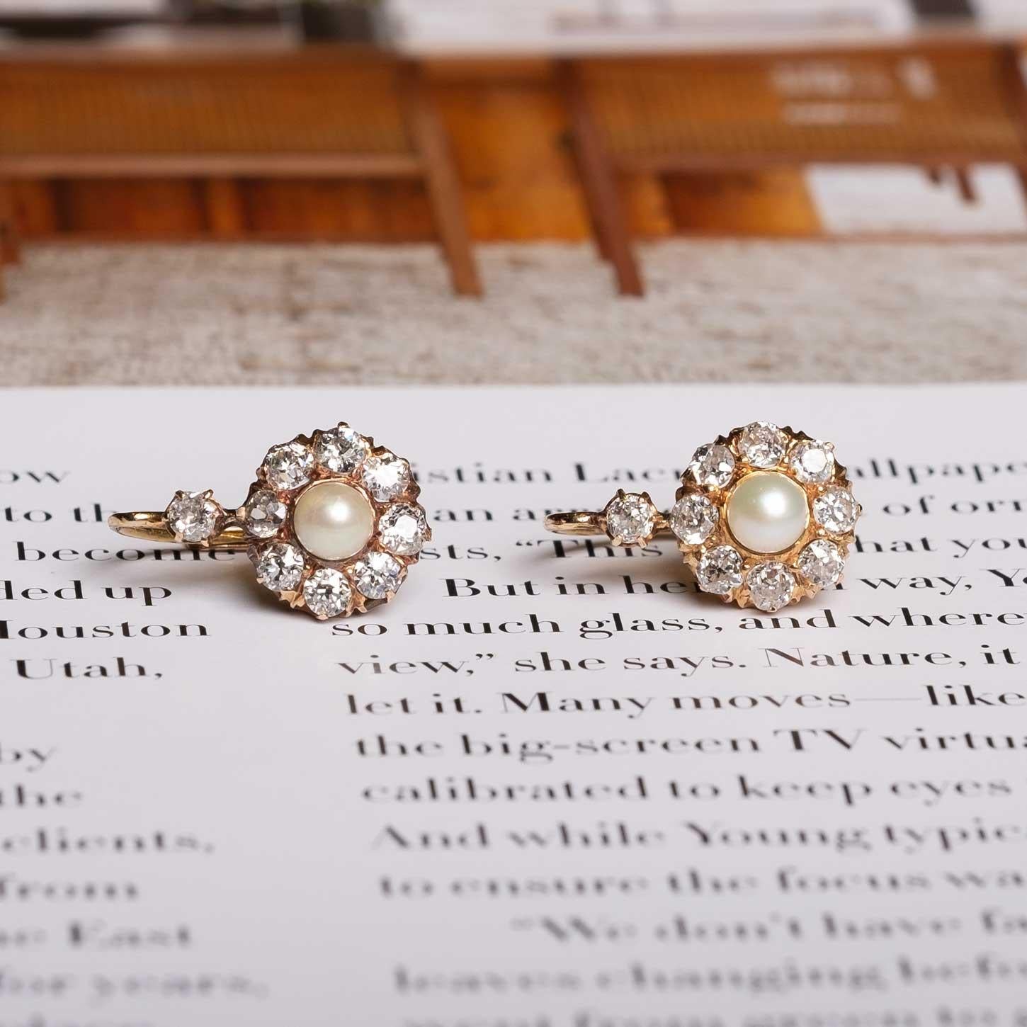 Taille vieille mine Boucles d'oreilles anciennes en diamant taillé à la mine et perles en vente