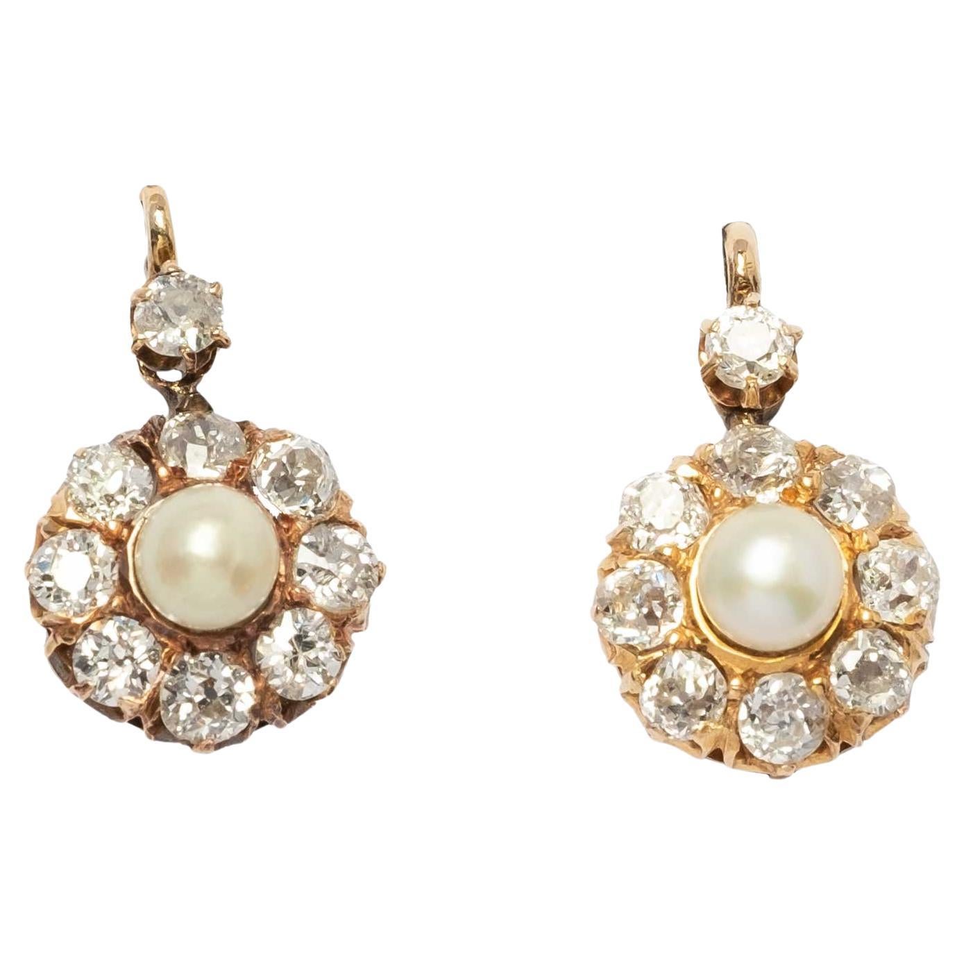 Antique old mine cut diamond and pearl earrings
