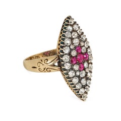Antique Old Mine-Cut Diamond and Ruby Navette Shaped Ring in Silver-Topped Gold